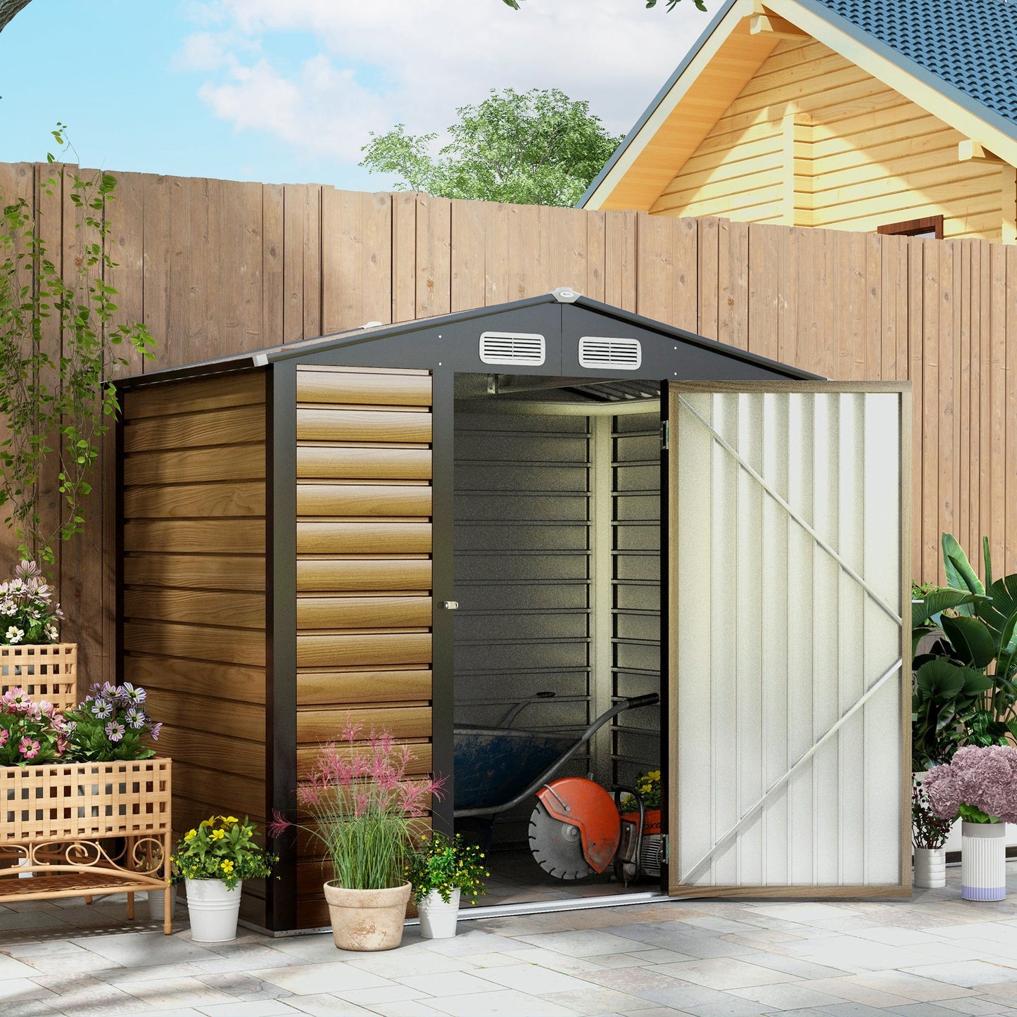 -Outsunny 6 x 4ft Metal Outdoor Storage Shed, Garden Shed House with Vents, for Yard, Patio, Lawn, Oak - Outdoor Style Company