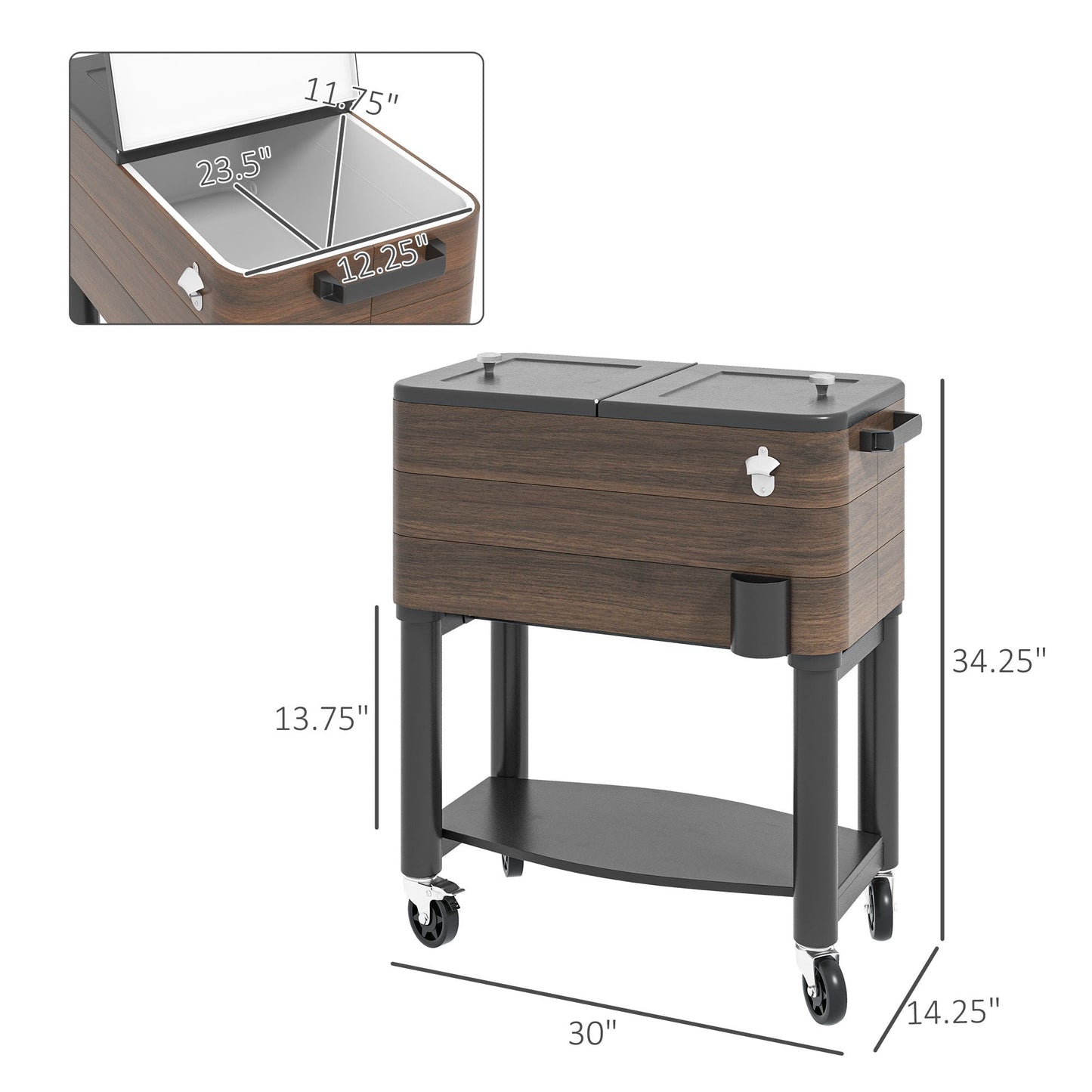 -Outsunny 60 Quart Outdoor Cooler Cart, Rolling Ice Chest with Bottom Shelf and Bottle Opener for Backyard Deck Poolside Party - Outdoor Style Company