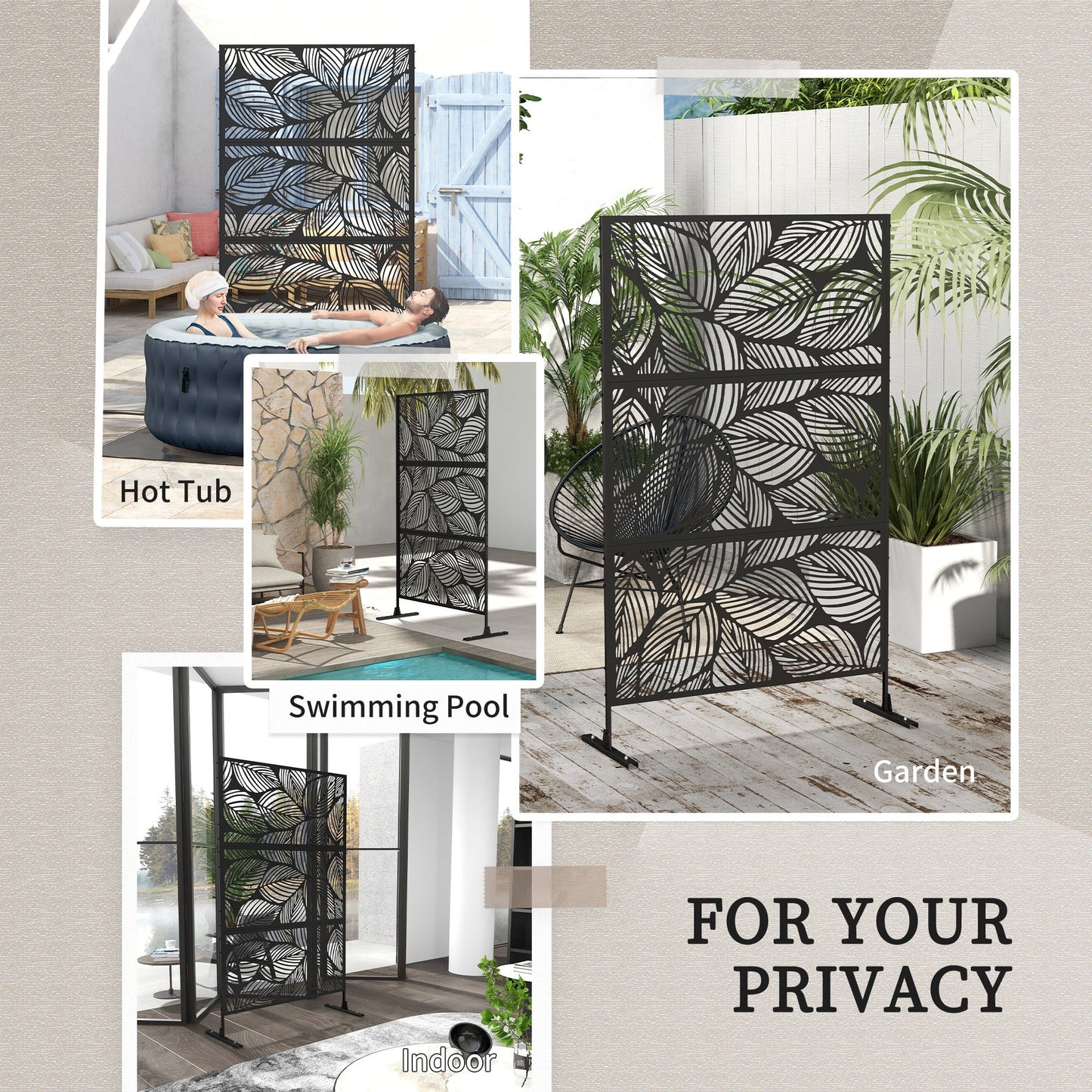 '-Outsunny 6.5' Decorative Outdoor Divider, Metal Privacy Screen with Stand, Leaf Motif, Black - Outdoor Style Company