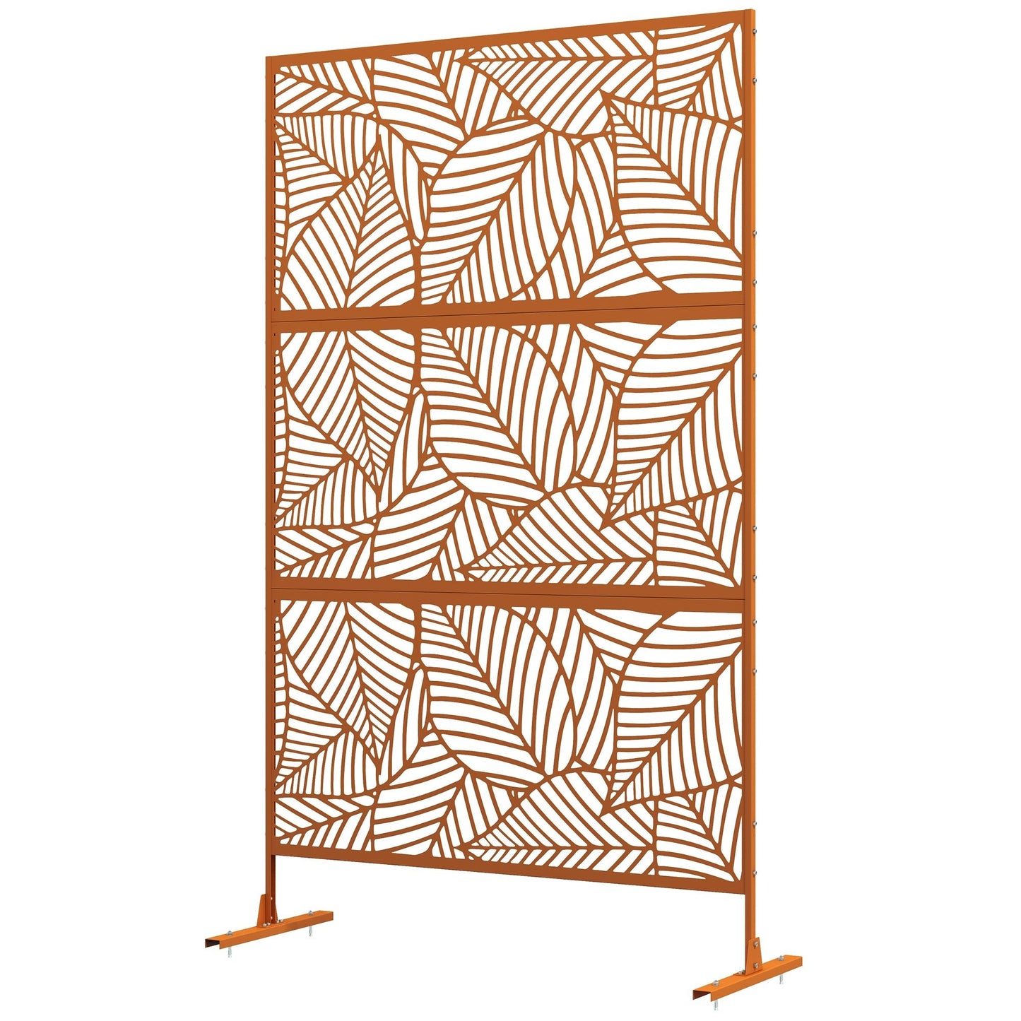 '-Outsunny 6.5' Decorative Outdoor Divider, Metal Privacy Screen with Stand, Leaf Motif, Brown - Outdoor Style Company