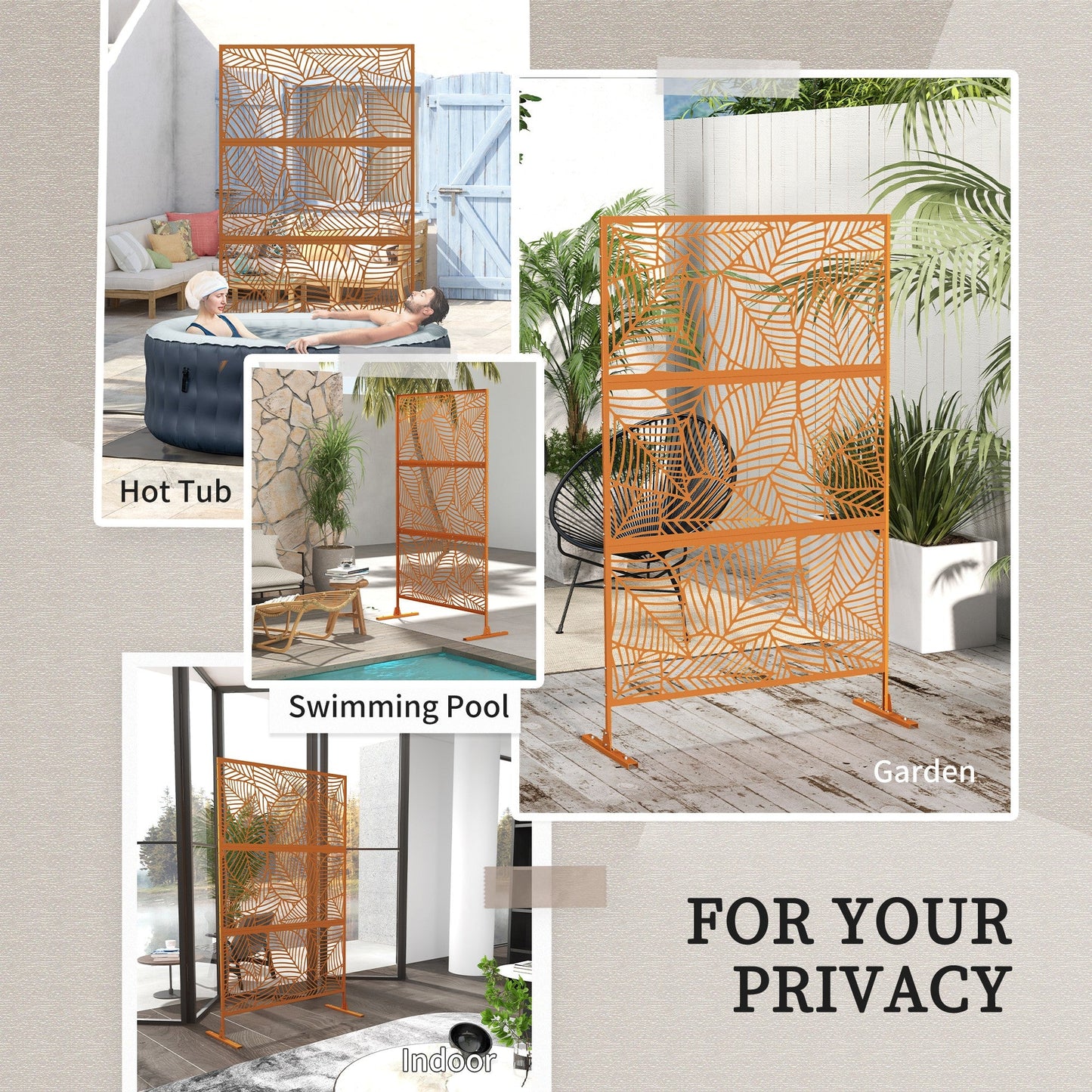 '-Outsunny 6.5' Decorative Outdoor Divider, Metal Privacy Screen with Stand, Leaf Motif, Brown - Outdoor Style Company