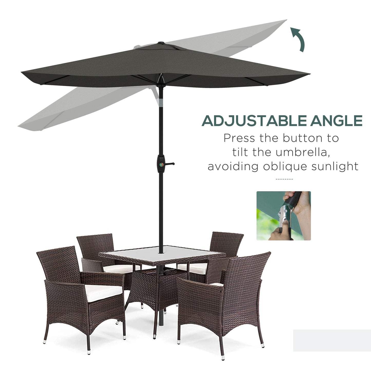 '-Outsunny 6.5' x 10' Rectangular Outdoor Patio Table Market Umbrella with Crank and Push Button Tilt, Dark Gray - Outdoor Style Company