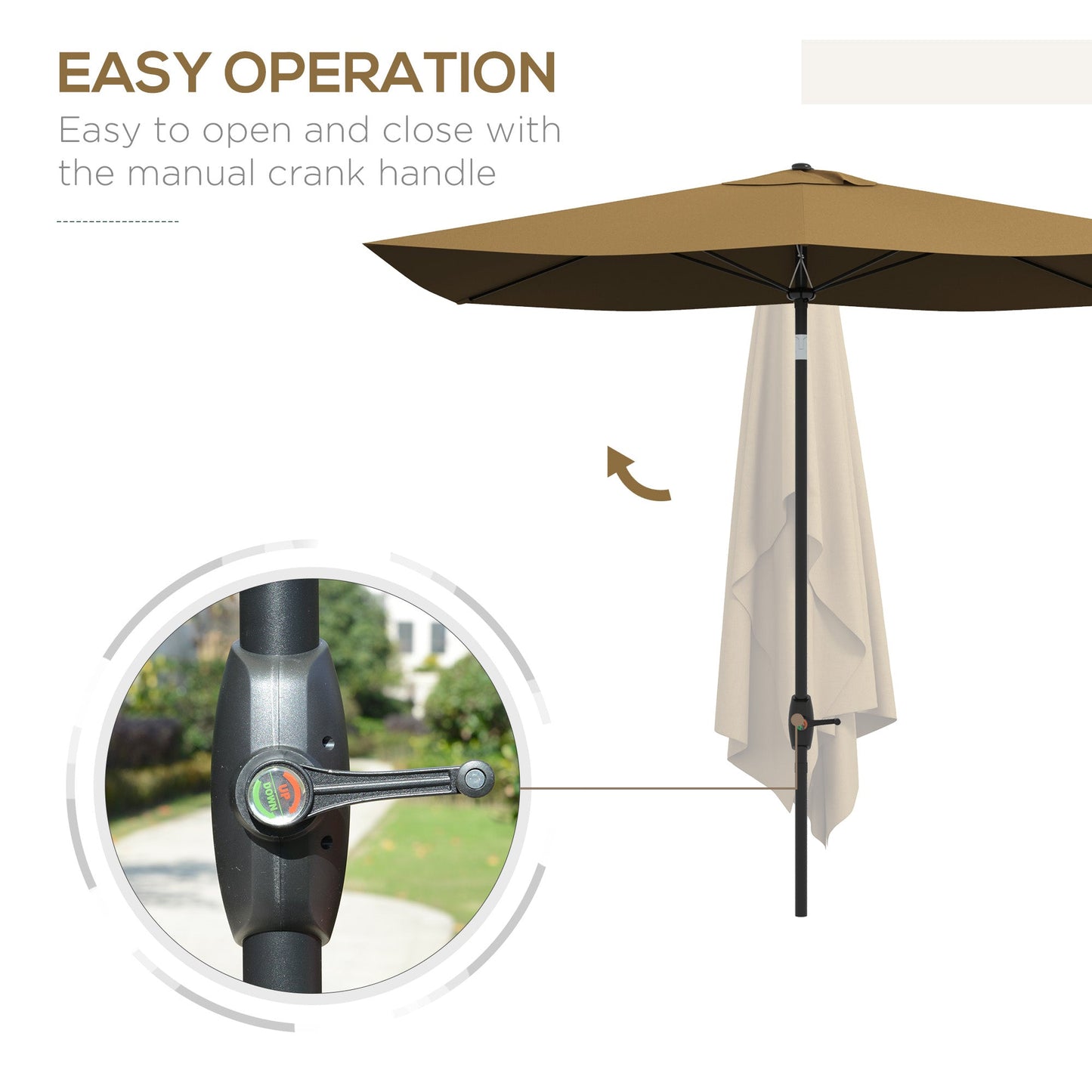 '-Outsunny 6.6 X 10 ft Rectangular Market Umbrella Patio Outdoor Table Umbrellas with Crank & Push Button Tilt, Coffee - Outdoor Style Company