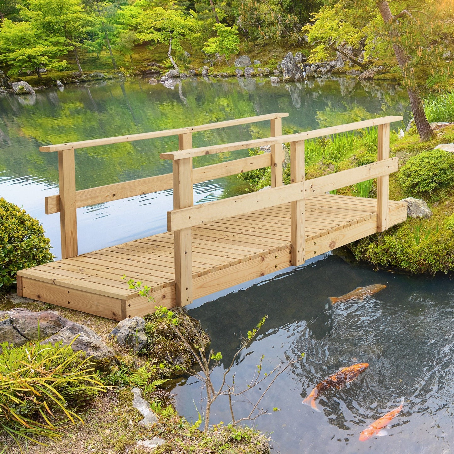 -Outsunny 7' Garden Bridge Wooden Footbridge for Backyard Ponds, Creeks, Streams, Natural - Outdoor Style Company
