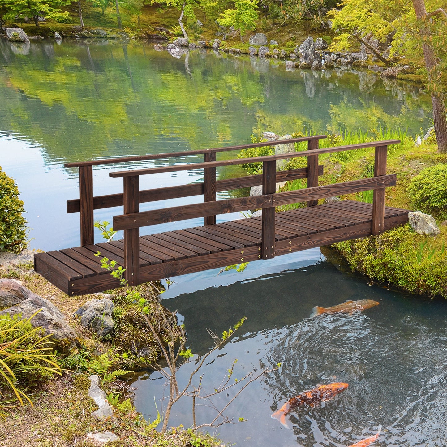 '-Outsunny 7' Garden Bridge Wooden Footbridge for Backyard Ponds, Creeks, Streams, Strained Finish - Outdoor Style Company