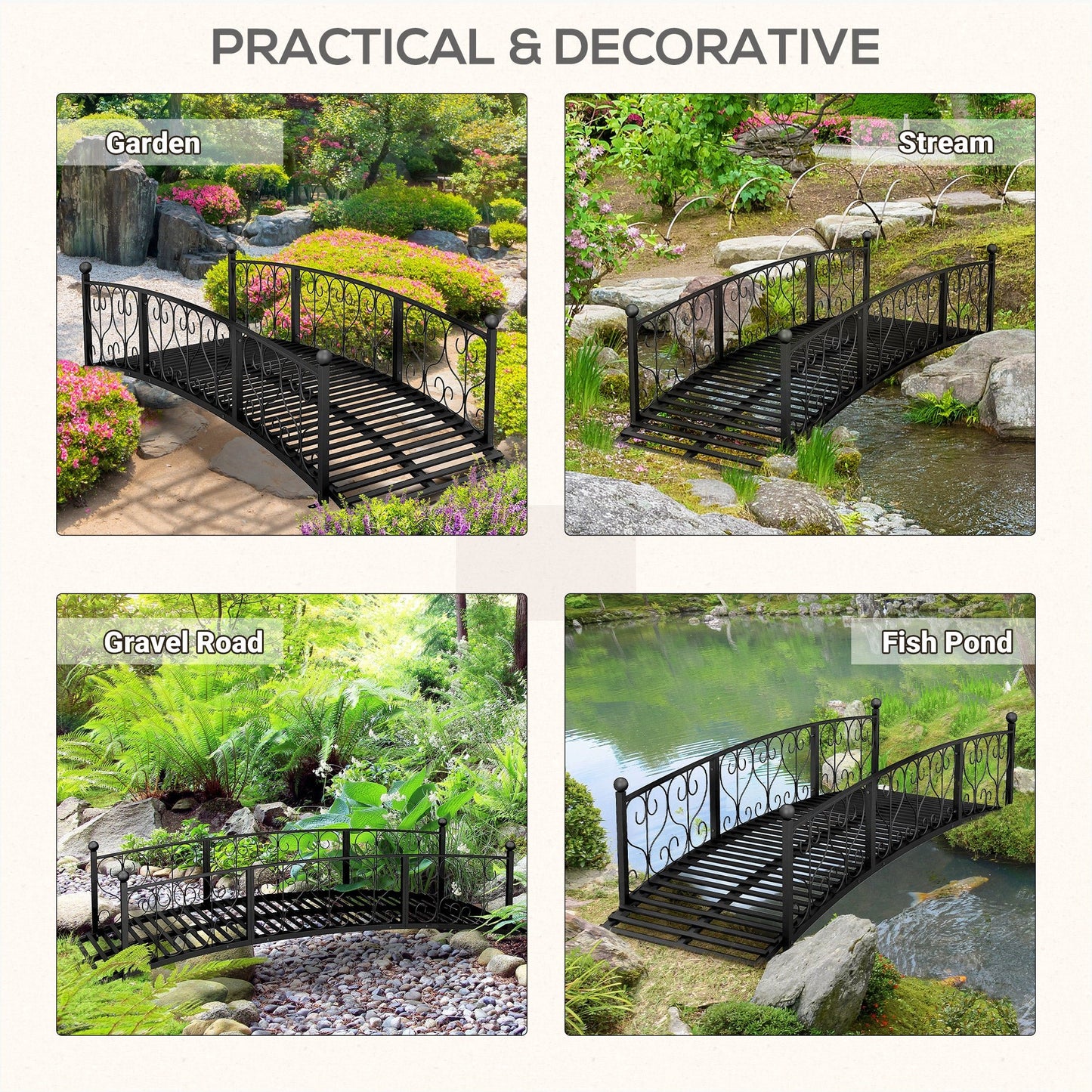 '-Outsunny 7' Metal Arch Garden Bridge Arc Footbridge with Side Railings Decorative Scrollwork, Black - Outdoor Style Company