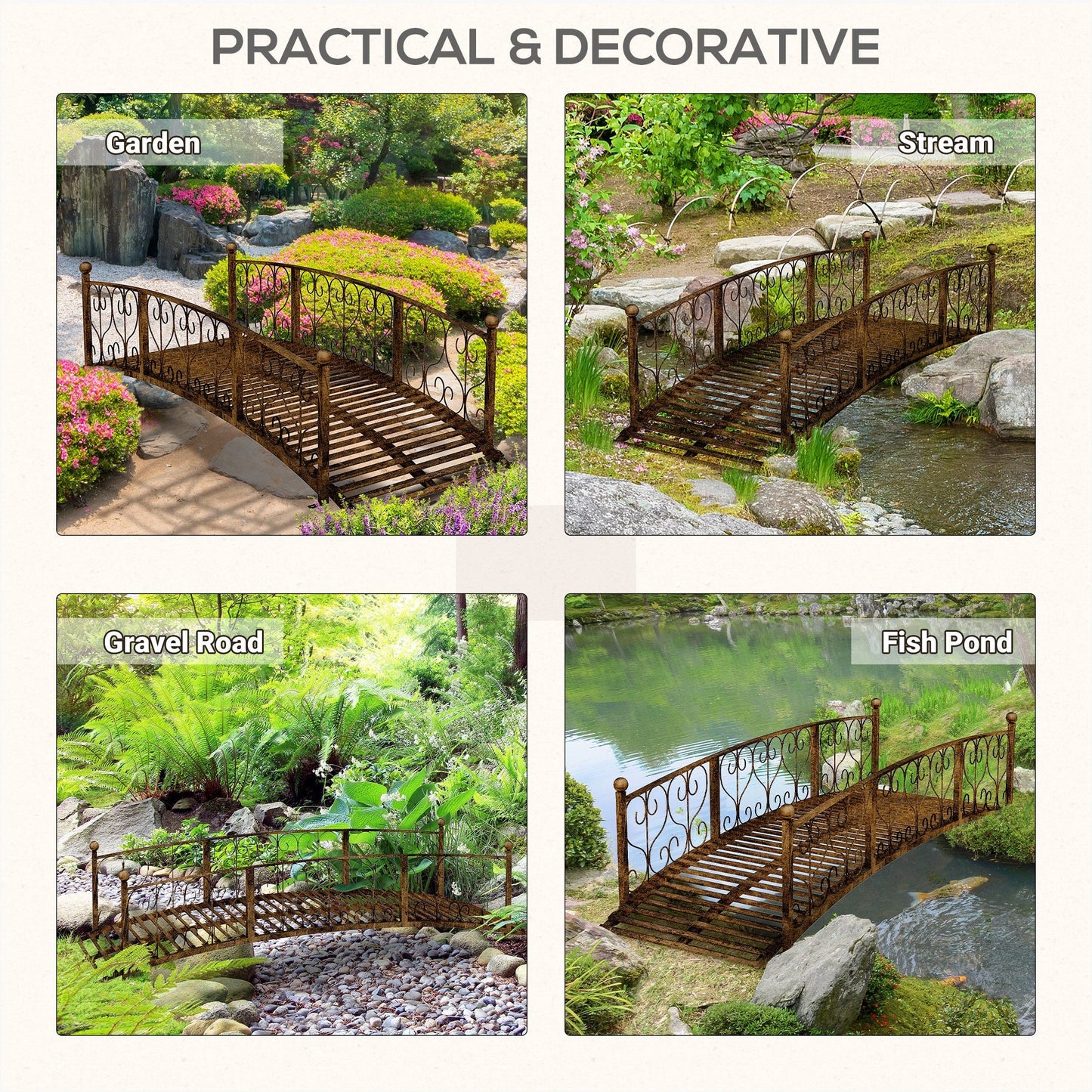 '-Outsunny 7' Metal Arch Garden Bridge Arc Footbridge with Side Railings Decorative Scrollwork, Bronze - Outdoor Style Company