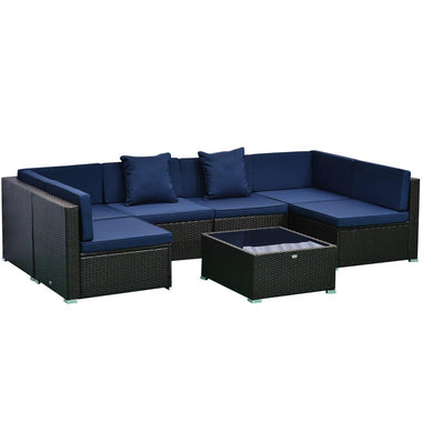 '-Outsunny 7 Piece Modern Rattan Wicker Garden Outdoor Furniture Modular Sectional Patio Set - Dark Coffee/Blue - Outdoor Style Company