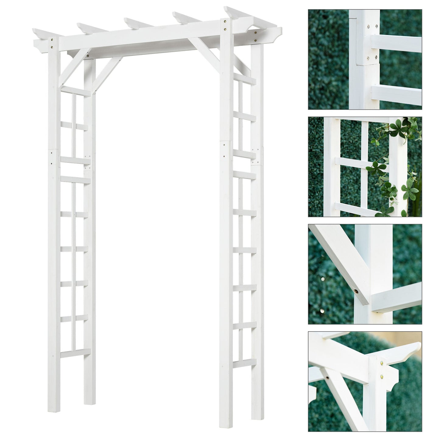 '-Outsunny 7' Wood Steel Outdoor Garden Arched Trellis Arbor with Natural Fir Wood & Side Panel for Climbing Vines, White - Outdoor Style Company