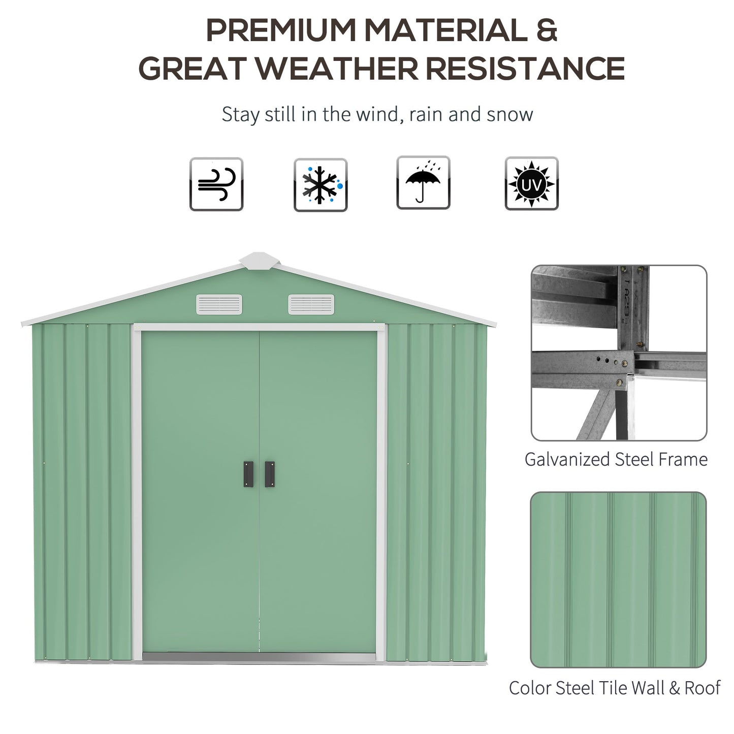 -Outsunny 7' x 4' Outdoor Storage Shed, Garden Tool House with Foundation, Vents & Sliding Doors for Backyard Patio Lawn, Light Green - Outdoor Style Company