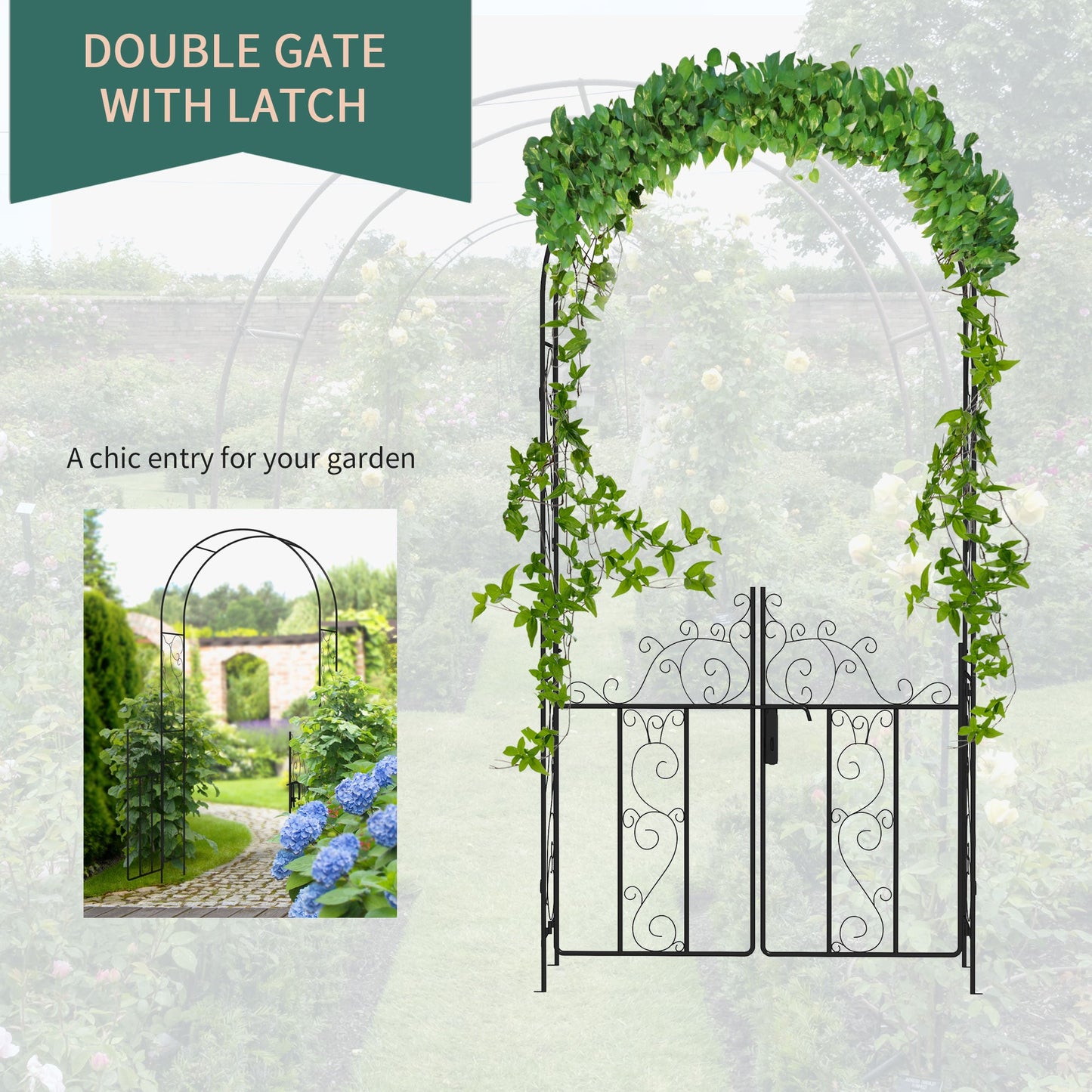 '-Outsunny 7.5ft Metal Garden Arbor with Double Gate, Arch Trellis for Climbing Plants, Roses, Vines, Black - Outdoor Style Company