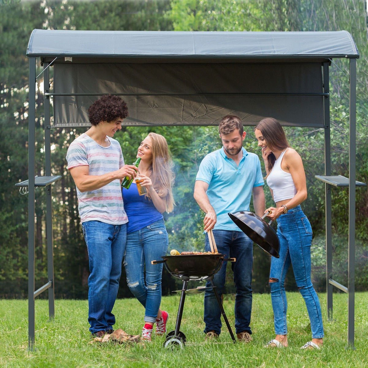 '-Outsunny 7FT Grill Gazebo BBQ Canopy with Sun Shade Panel Side Awning, 2 Exterior Serving Shelves, 5 Hooks for Patio Lawn Backyard - Outdoor Style Company