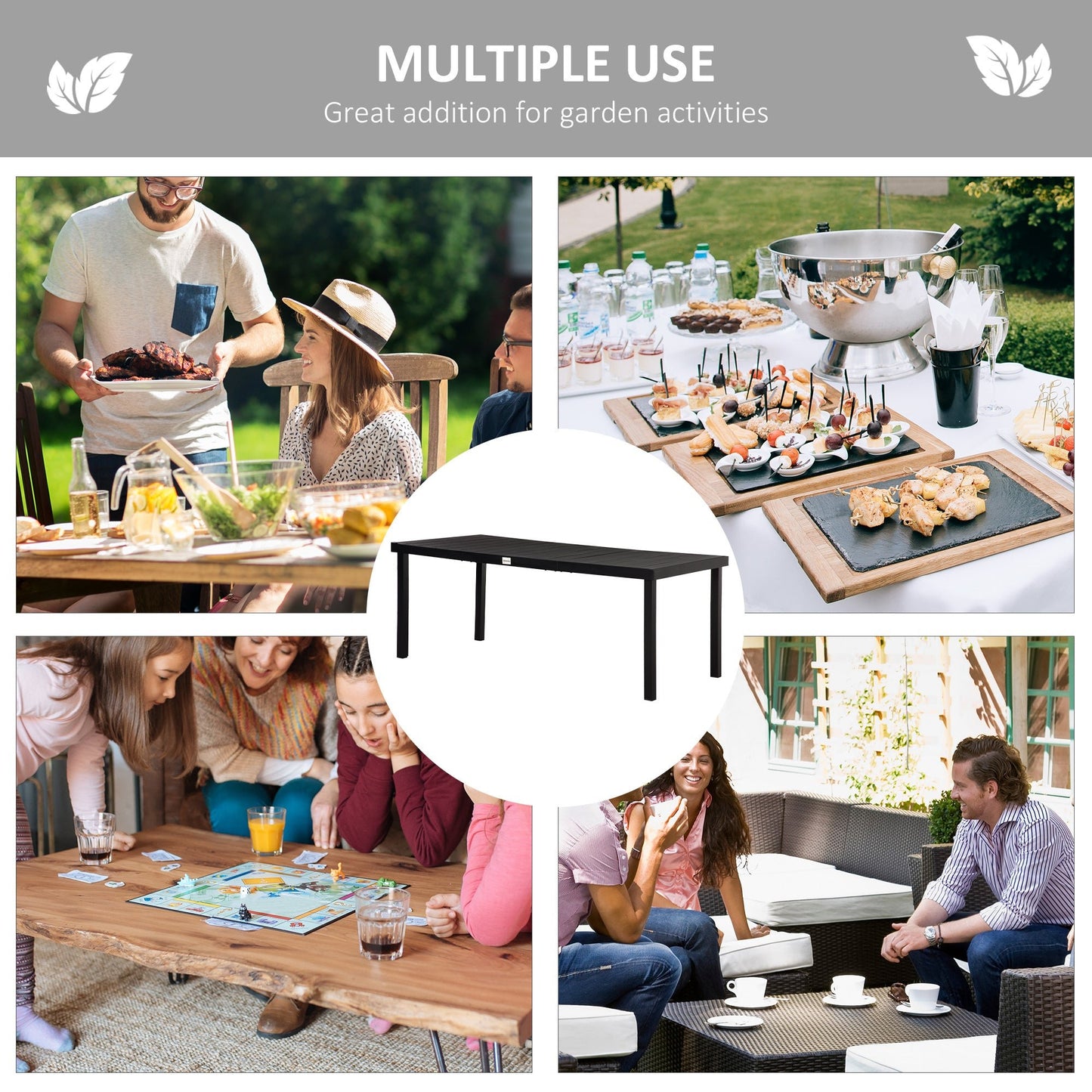 '-Outsunny 8 People Rectangular Pedestal Dining Table, with Aluminum Frame, All-Weather HDPE Wood Top, Foot Pads for Garden, Patio, Black | Aosom.com - Outdoor Style Company