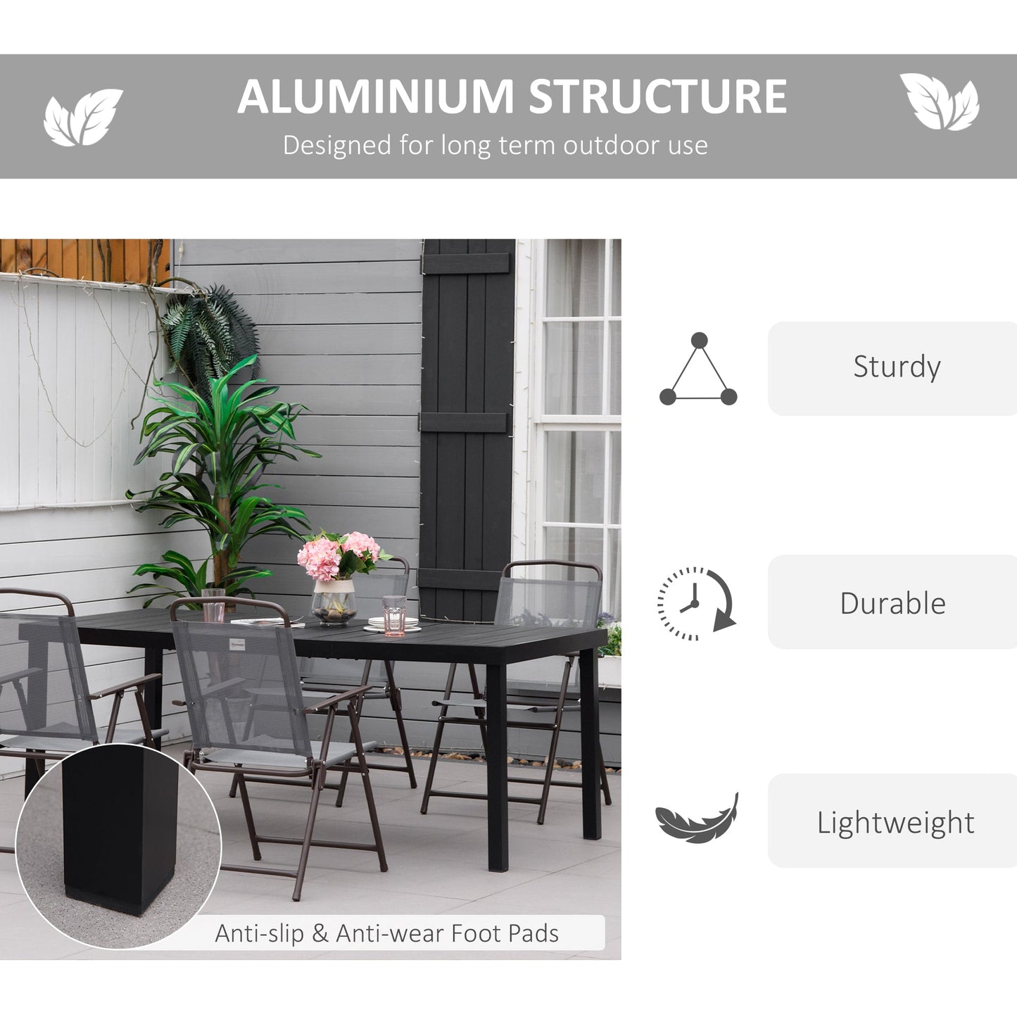 '-Outsunny 8 People Rectangular Pedestal Dining Table, with Aluminum Frame, All-Weather HDPE Wood Top, Foot Pads for Garden, Patio, Black | Aosom.com - Outdoor Style Company