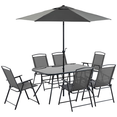 -Outsunny 8 Piece Outdoor Dining Set, Patio Furniture Set with Umbrella, 6 Folding Chairs, Rectangle Table and Mesh Seat, Black - Outdoor Style Company