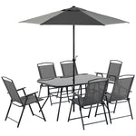 '-Outsunny 8 Piece Outdoor Dining Set, Patio Furniture Set with Umbrella, 6 Folding Chairs, Rectangle Table and Mesh Seat, Black - Outdoor Style Company