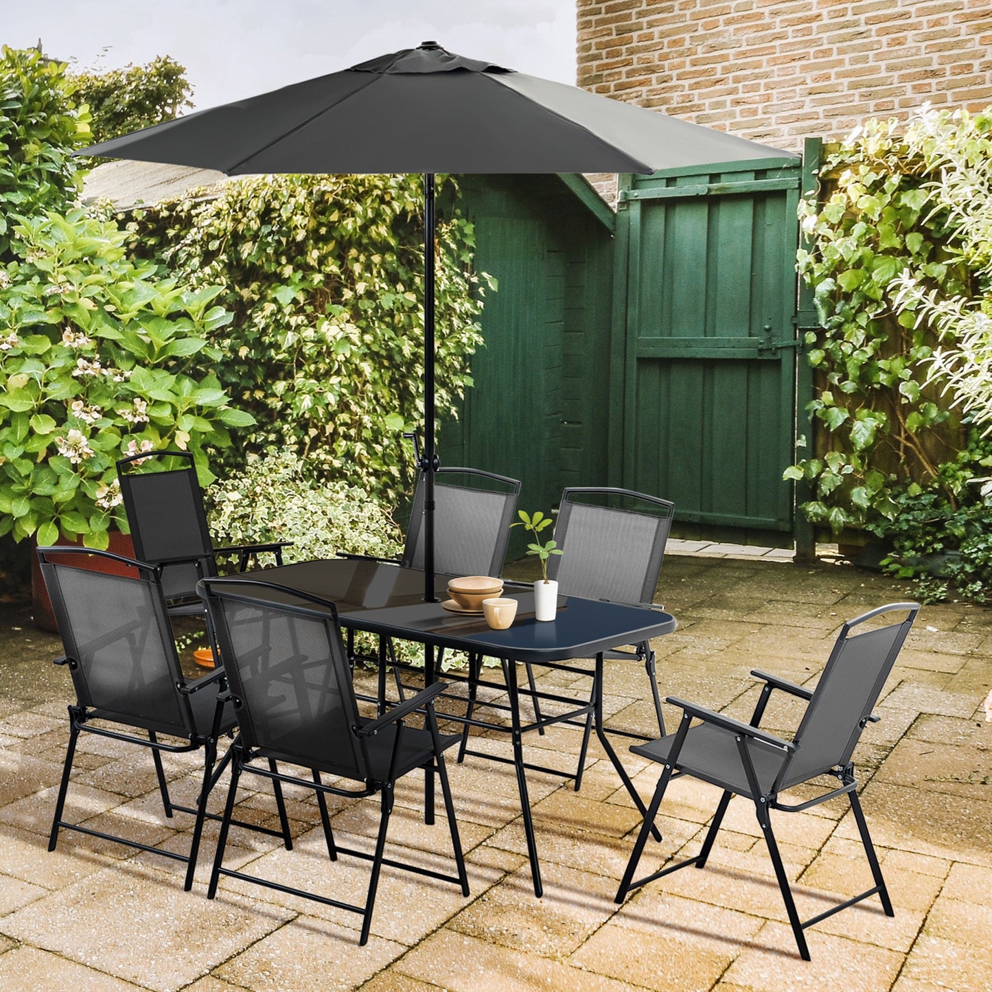 '-Outsunny 8 Piece Outdoor Dining Set, Patio Furniture Set with Umbrella, 6 Folding Chairs, Rectangle Table and Mesh Seat, Black - Outdoor Style Company