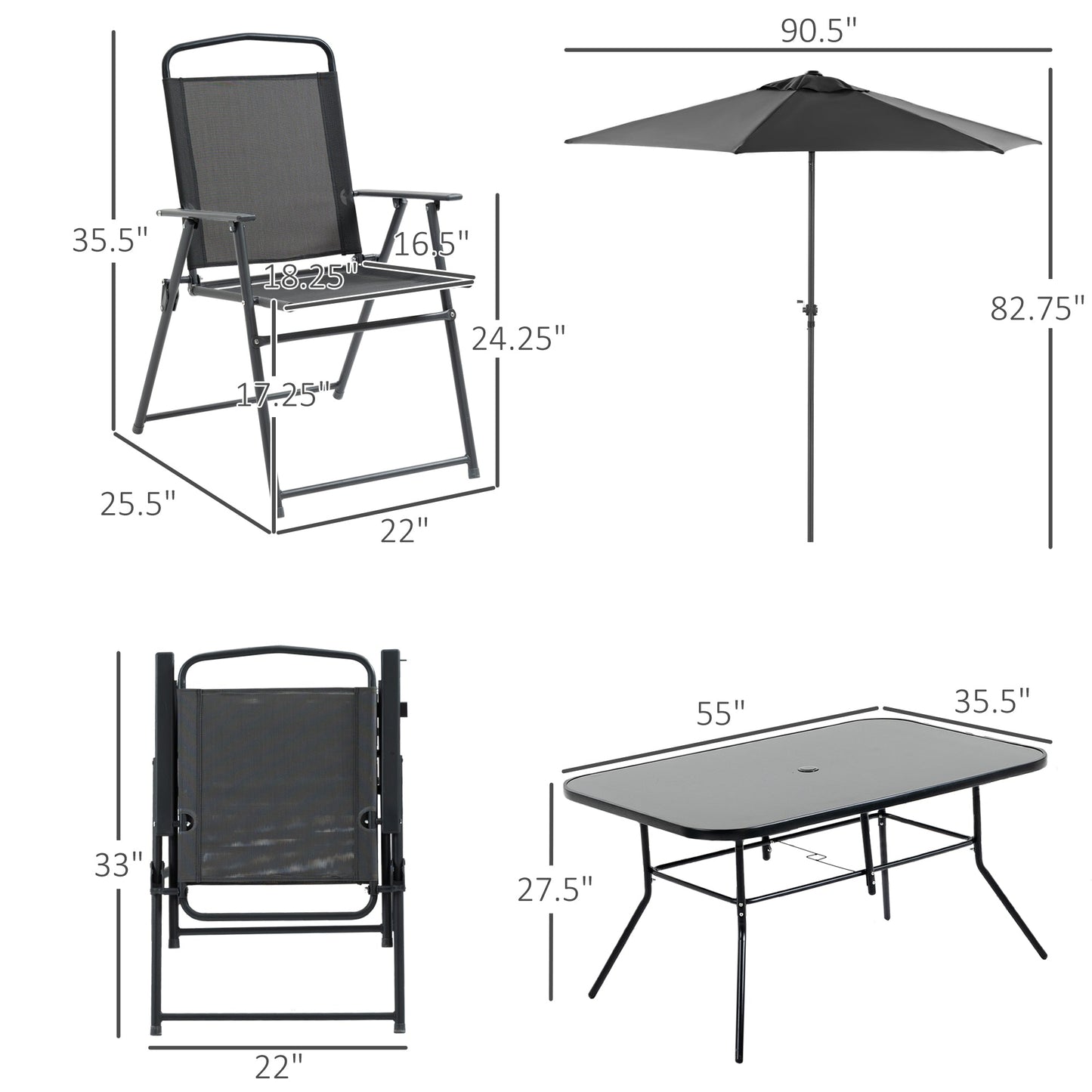 '-Outsunny 8 Piece Outdoor Dining Set, Patio Furniture Set with Umbrella, 6 Folding Chairs, Rectangle Table and Mesh Seat, Black - Outdoor Style Company