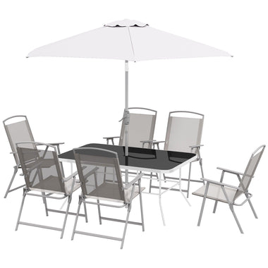 Large Dining Sets - Outsunny 8 Piece Outdoor Dining Set, Patio Furniture Set with Umbrella, 6 Folding Chairs, Rectangle Table and Mesh Seat, Gray - Outdoor Style Company