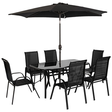 -Outsunny 8 Pieces Patio Furniture Set with 9Ft Patio Umbrella, Outdoor Dining Table and Chairs, Black - Outdoor Style Company
