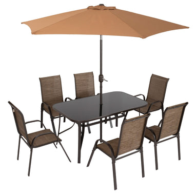 -Outsunny 8 Pieces Patio Furniture Set with 9Ft Patio Umbrella, Outdoor Dining Table and Chairs, Light Mixed Brown - Outdoor Style Company