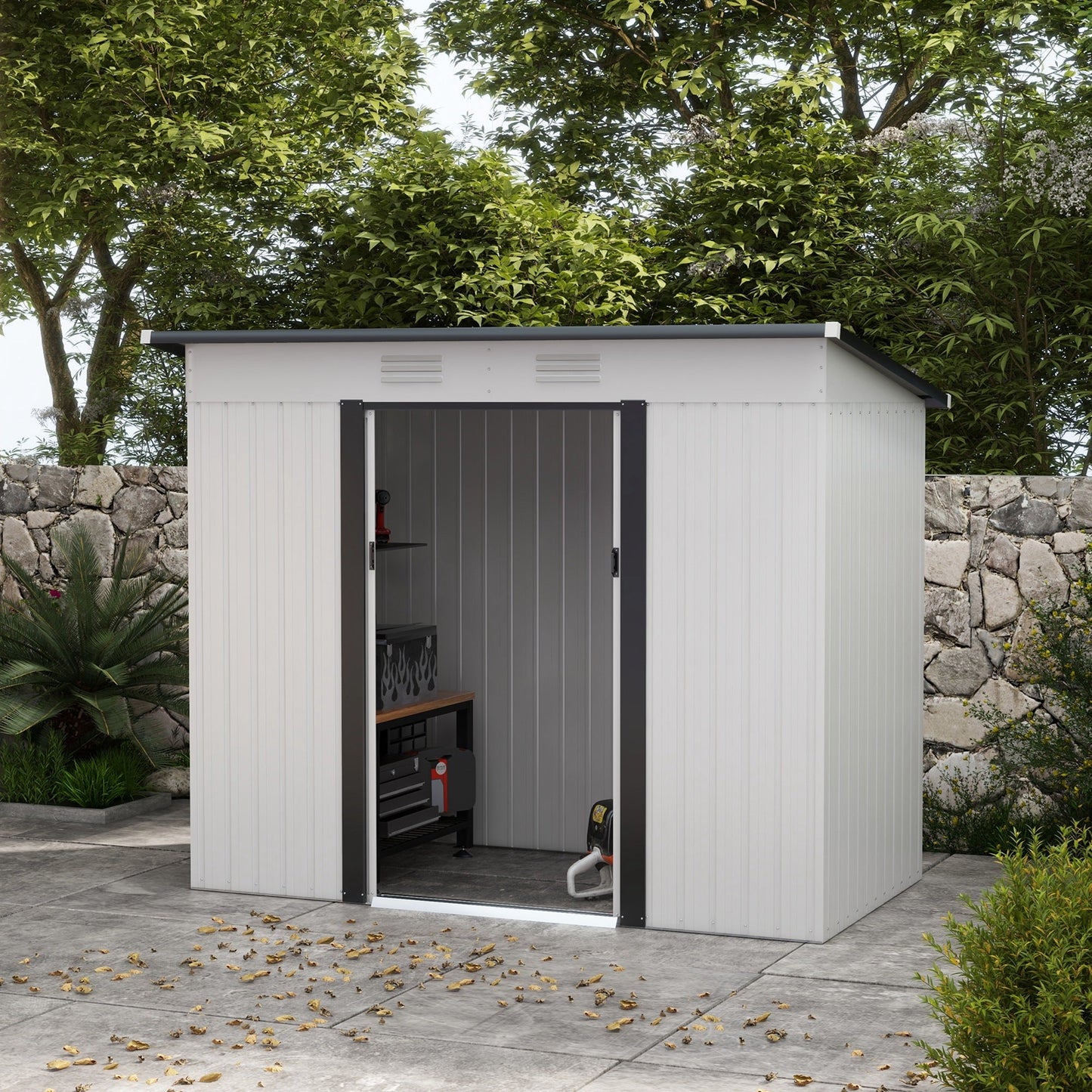 -Outsunny 8' x 4' Metal Garden Shed, Backyard Tool Storage Shed with Dual Locking Doors, 2 Air Vents and Steel Frame, White - Outdoor Style Company