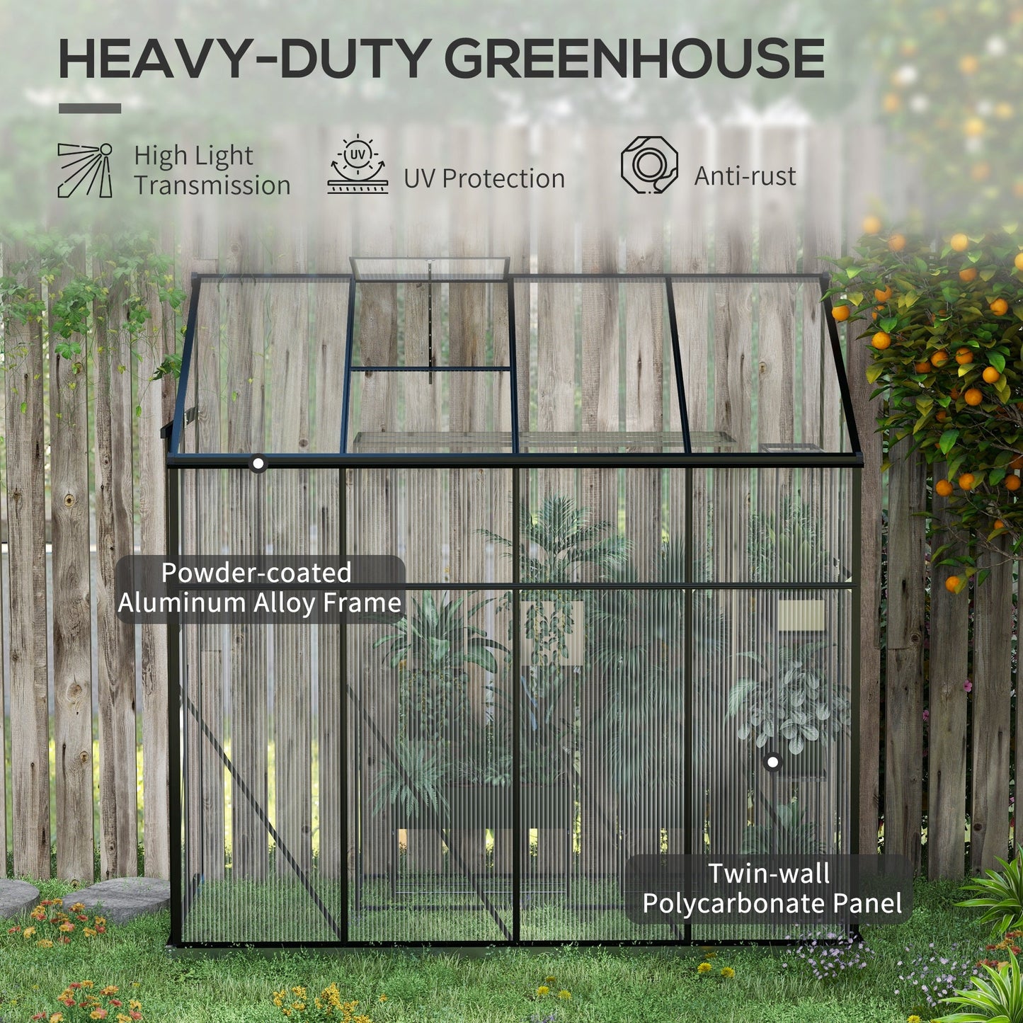 '-Outsunny 8' x 4' Walk-in Polycarbonate Greenhouse Lean-to Aluminum Green House with Rain Gutter and Foundation, Black - Outdoor Style Company