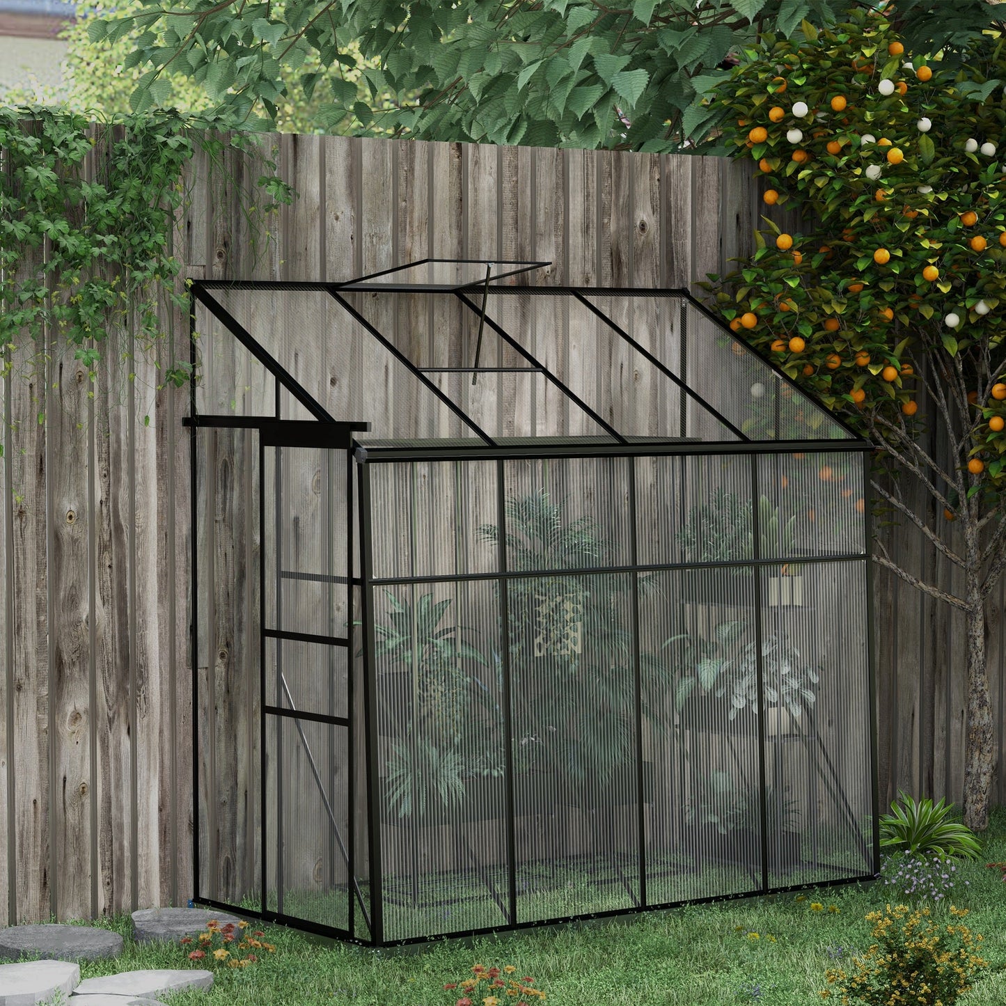 '-Outsunny 8' x 4' Walk-in Polycarbonate Greenhouse Lean-to Aluminum Green House with Rain Gutter and Foundation, Black - Outdoor Style Company