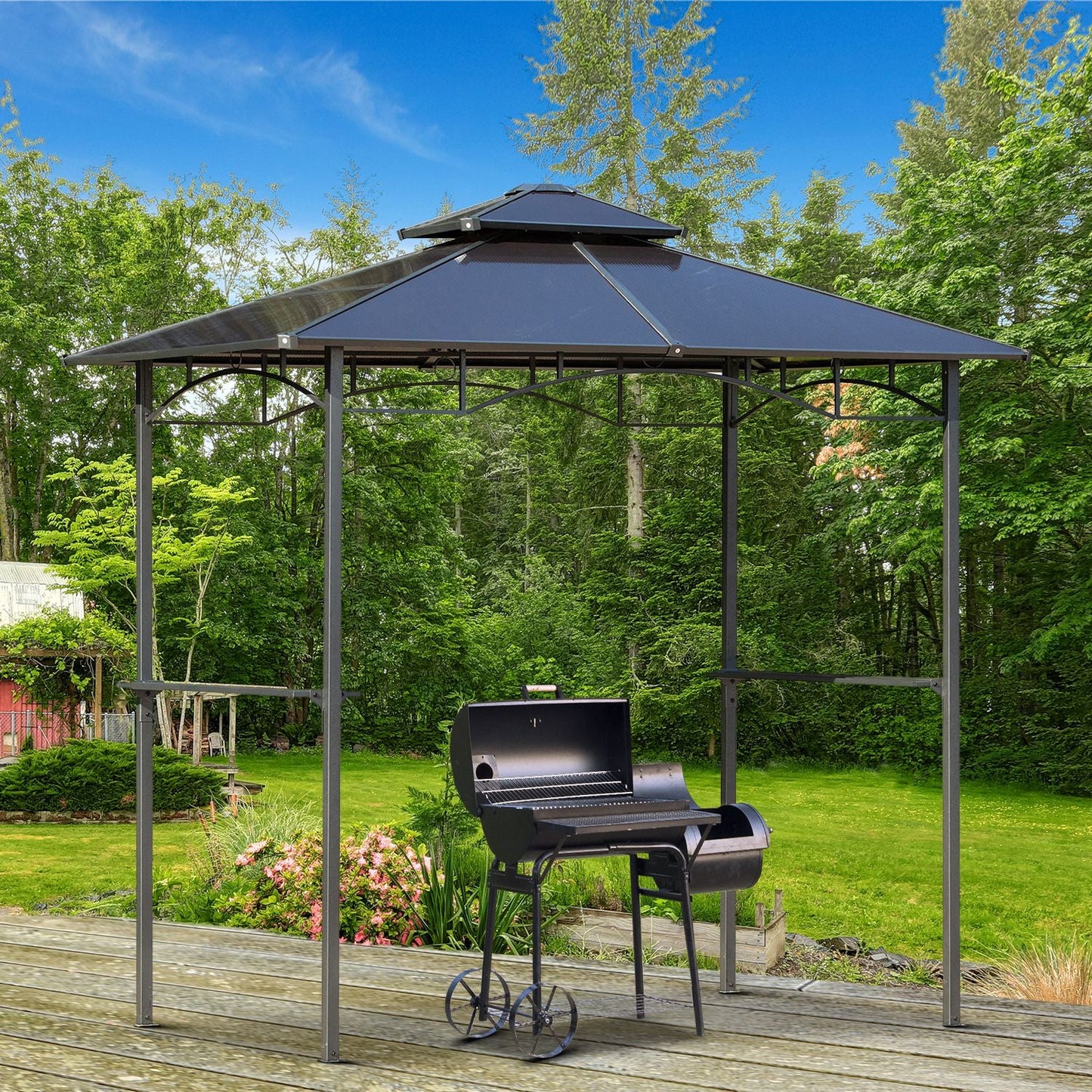 '-Outsunny 8' x 5' Barbecue Grill Gazebo Tent, Outdoor BBQ Canopy with Side Shelves & Double Layer PC Roof, Brown - Outdoor Style Company