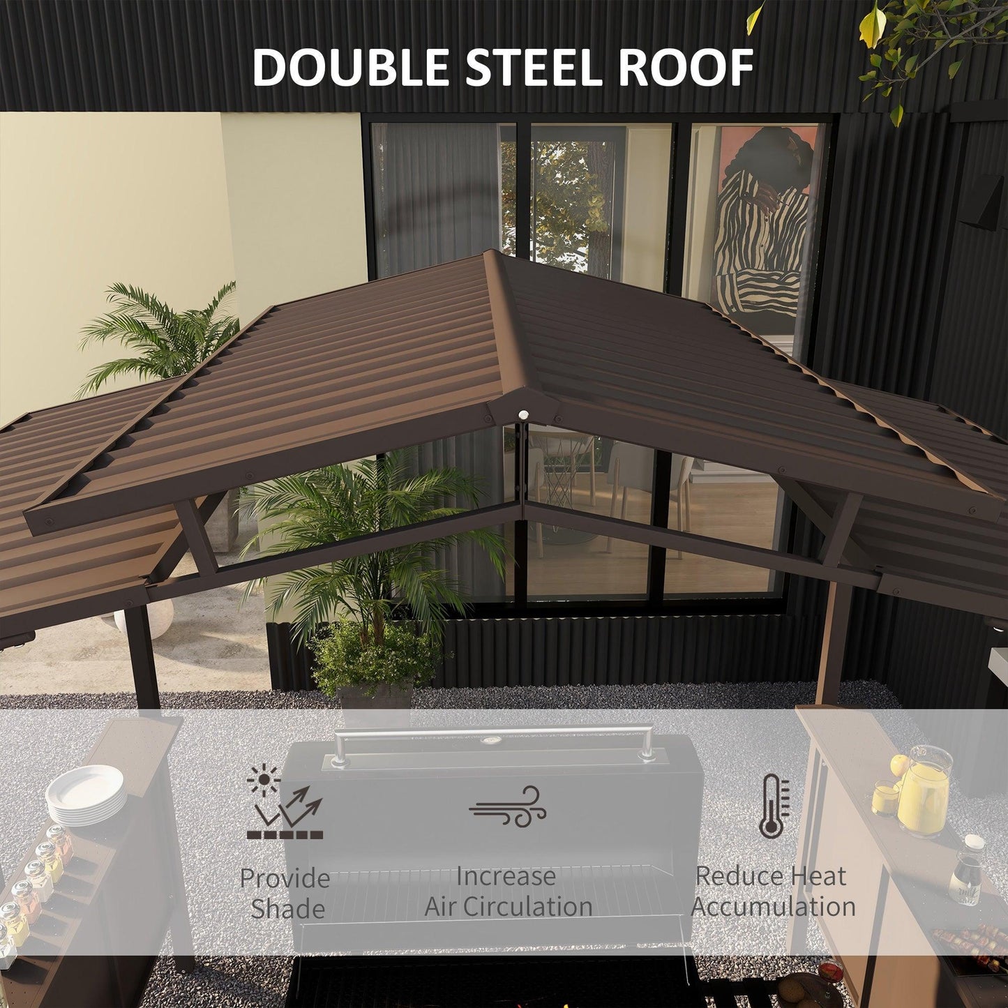 '-Outsunny 8' x 5' BBQ Grill Gazebo, Outdoor Double Tiered Interlaced Polycarbonate Roof with Steel Frame & 2 Side Shelves, Brown - Outdoor Style Company