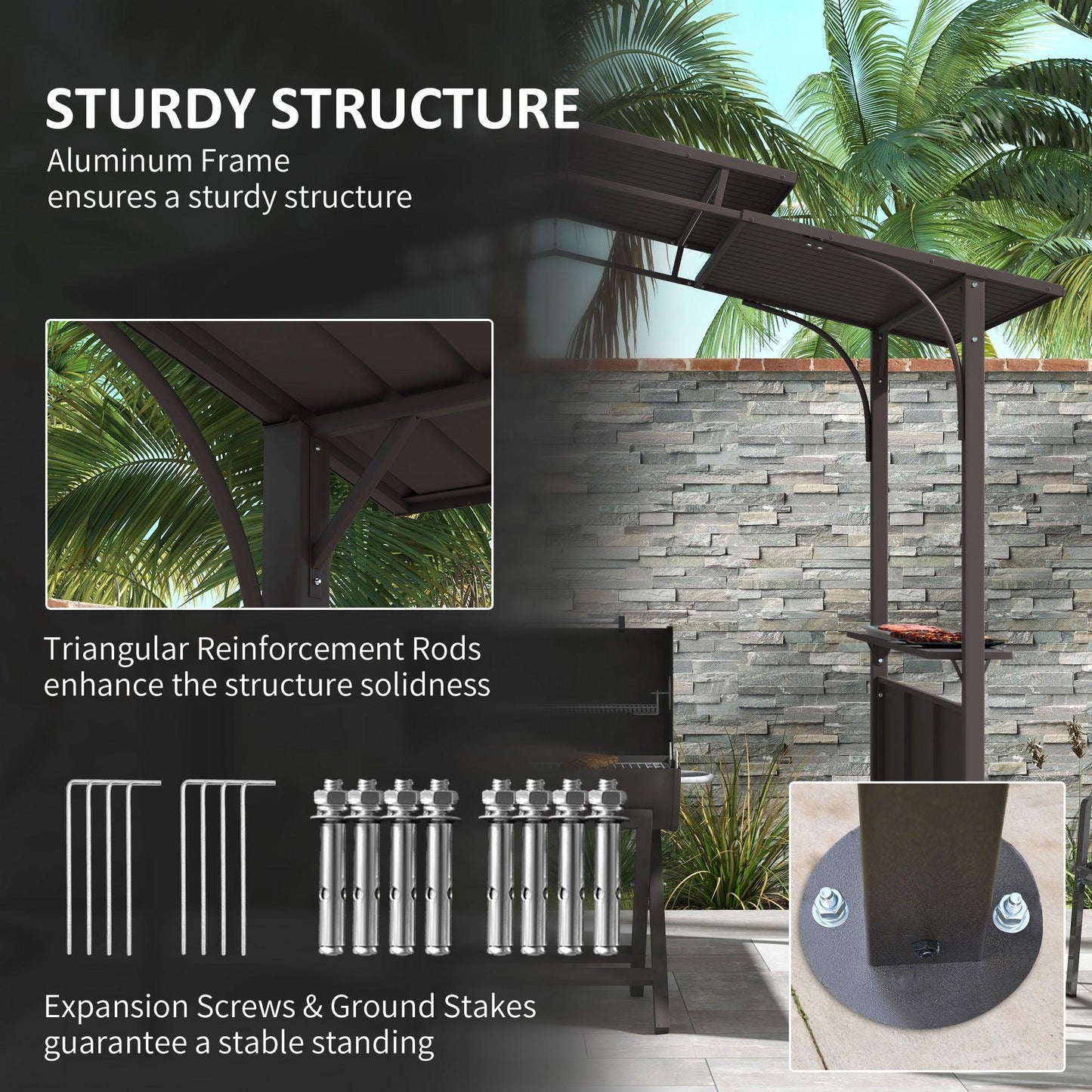 '-Outsunny 8' x 5' BBQ Grill Gazebo, Outdoor Double Tiered Interlaced Polycarbonate Roof with Steel Frame & 2 Side Shelves, Brown - Outdoor Style Company