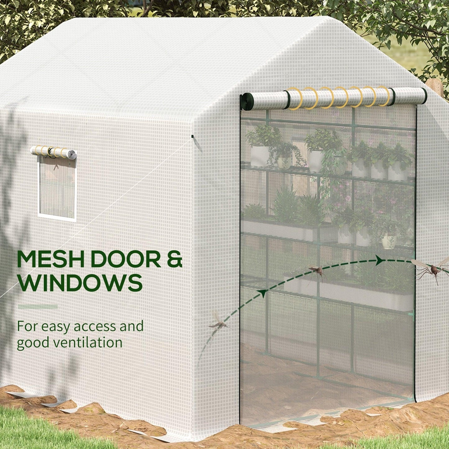 '-Outsunny 8' x 6' x 7' Portable Walk in Greenhouse with Mesh, Door, Windows, 18 Shelf, Trellis, Plant Labels, White - Outdoor Style Company