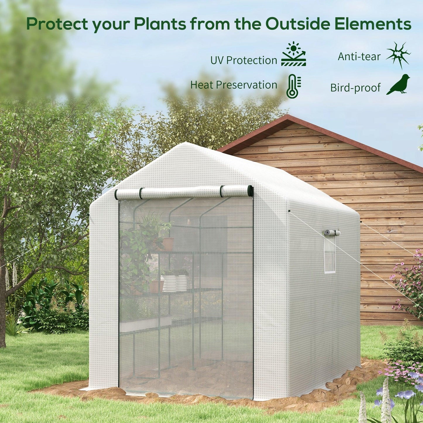 '-Outsunny 8' x 6' x 7' Portable Walk in Greenhouse with Mesh, Door, Windows, 18 Shelf, Trellis, Plant Labels, White - Outdoor Style Company