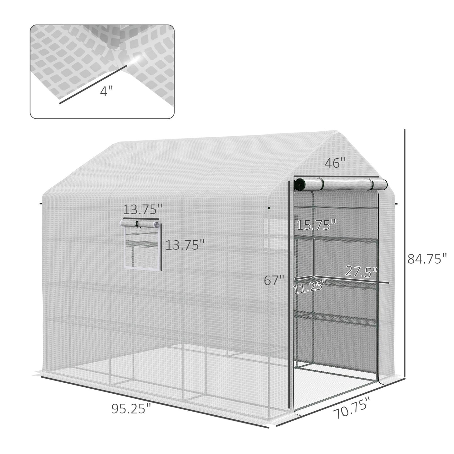 '-Outsunny 8' x 6' x 7' Portable Walk in Greenhouse with Mesh, Door, Windows, 18 Shelf, Trellis, Plant Labels, White - Outdoor Style Company