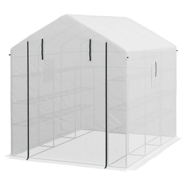 -Outsunny 8' x 6' x 7' Portable Walk in Greenhouse with Mesh, Door, Windows, 18 Shelf, Trellis, Plant Labels, White - Outdoor Style Company