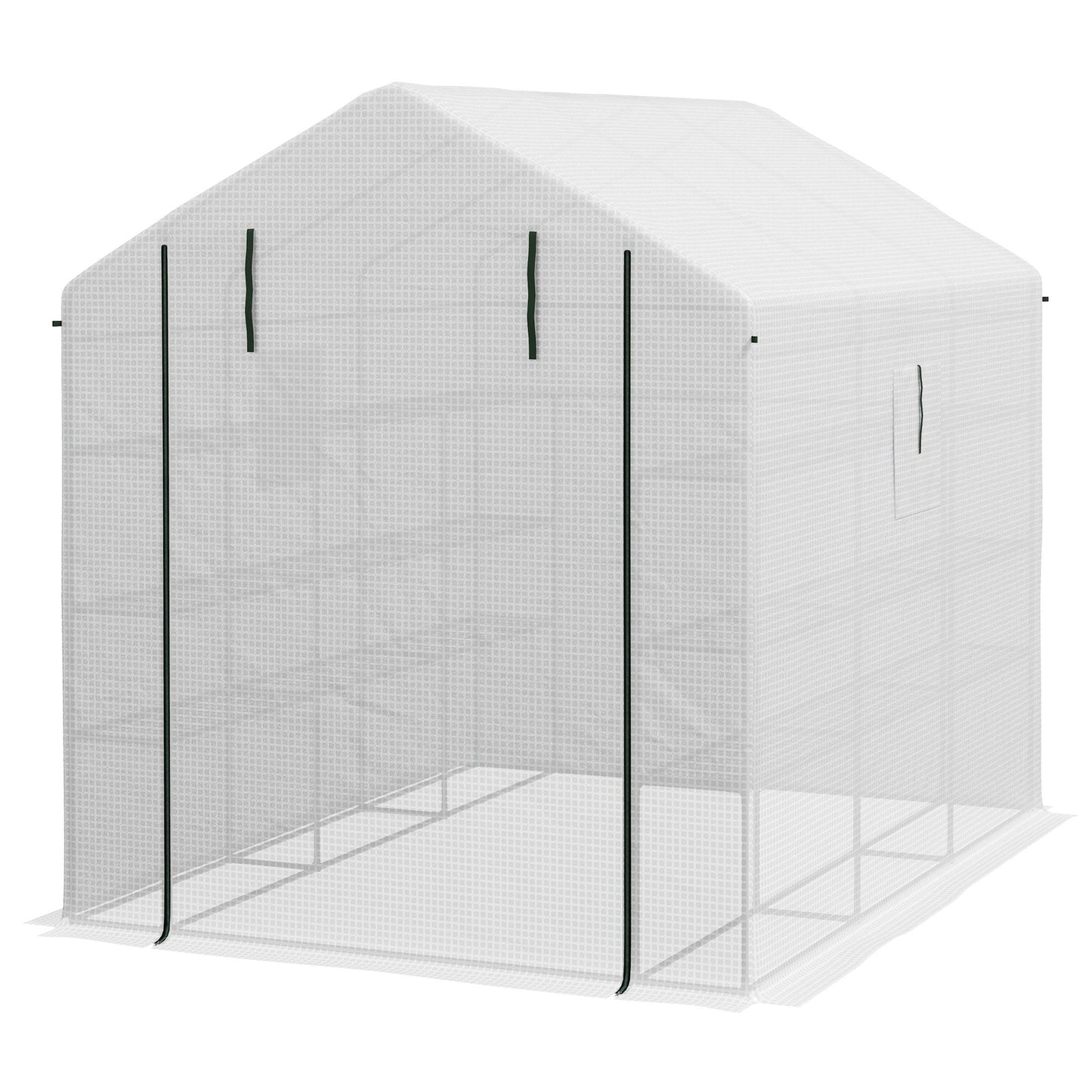 '-Outsunny 8' x 6' x 7' Portable Walk in Greenhouse with Mesh, Door, Windows, 18 Shelf, Trellis, Plant Labels, White - Outdoor Style Company