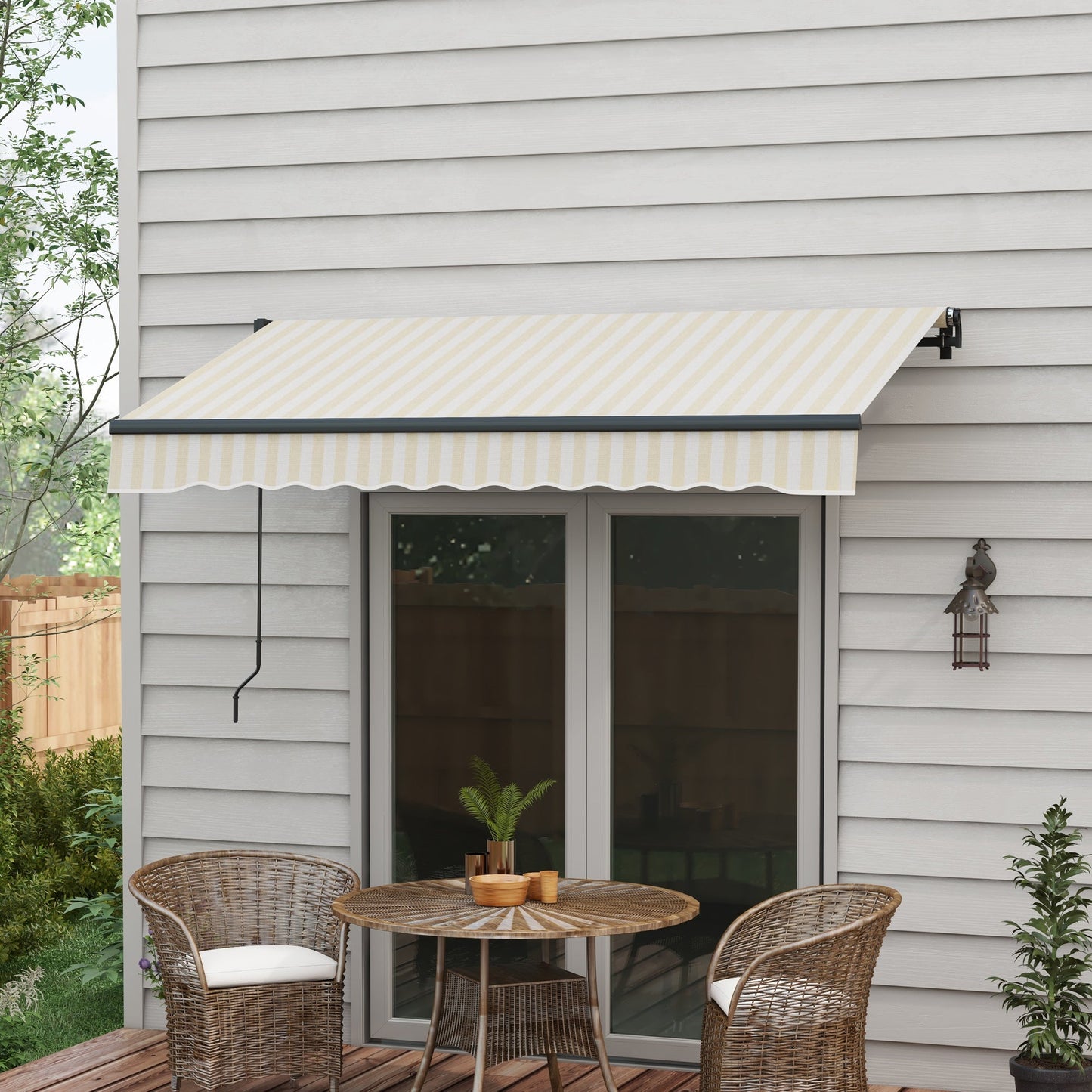 '-Outsunny 8' x 6.5' Retractable Awning, 280gsm UV Resistant Sunshade Shelter for Deck, Balcony, Yard, Beige and White - Outdoor Style Company