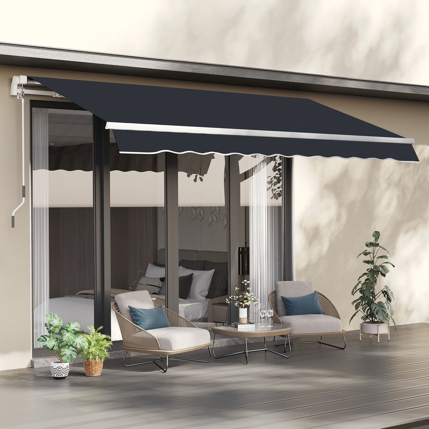 '-Outsunny 8' x 7' Patio Retractable Awning, Manual Exterior Sun Shade Deck Window Cover, Black - Outdoor Style Company