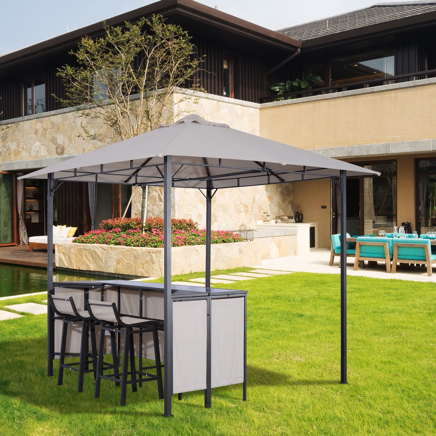 '-Outsunny 8' x 8' 3 Piece Outdoor Furniture Covered Gazebo Patio Bar Set - Outdoor Style Company