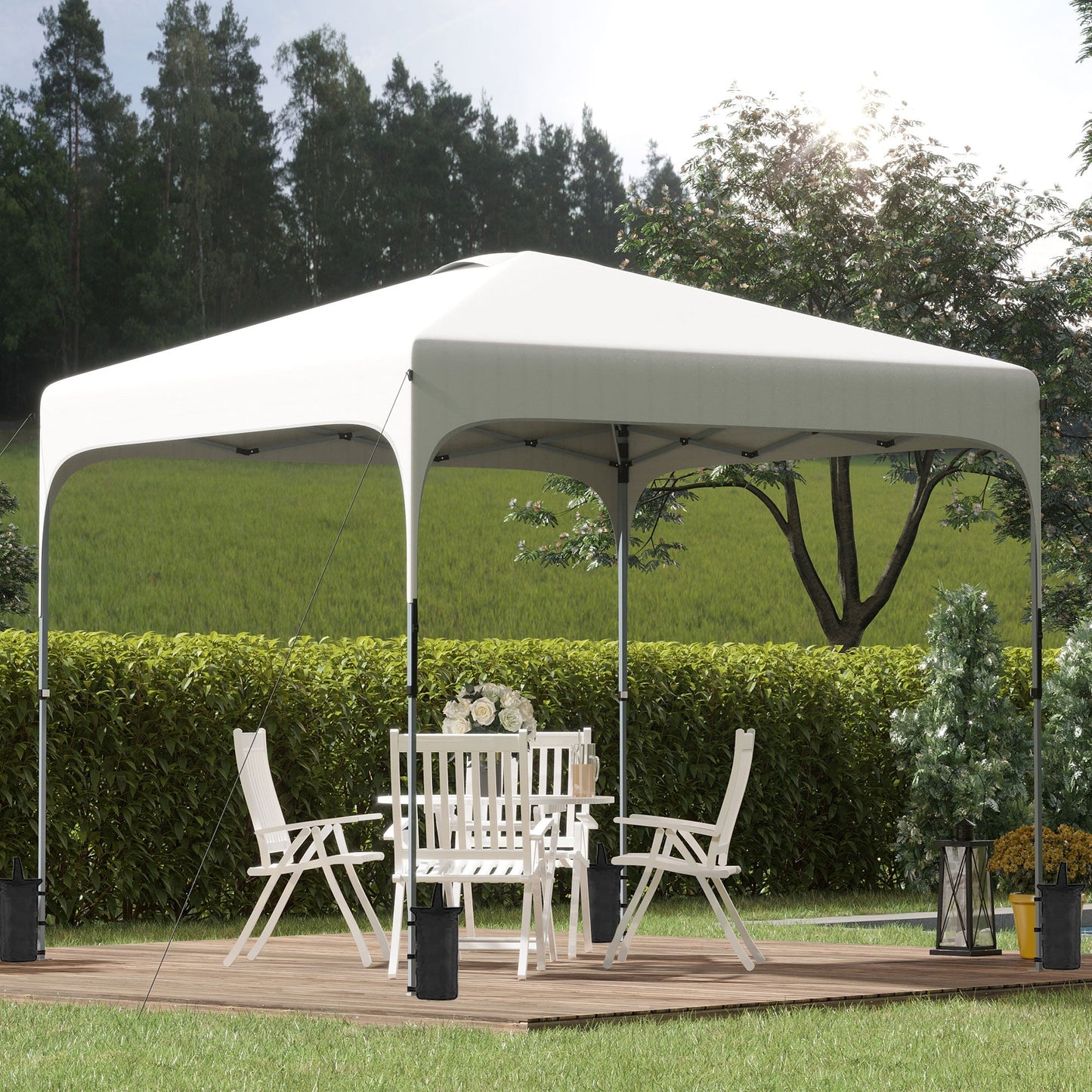 '-Outsunny 8' x 8' Pop Up Canopy with Adjustable Height, Foldable Gazebo Tent with Carry Bag with Wheels and 4 Leg Weight Bags for Garden, White - Outdoor Style Company