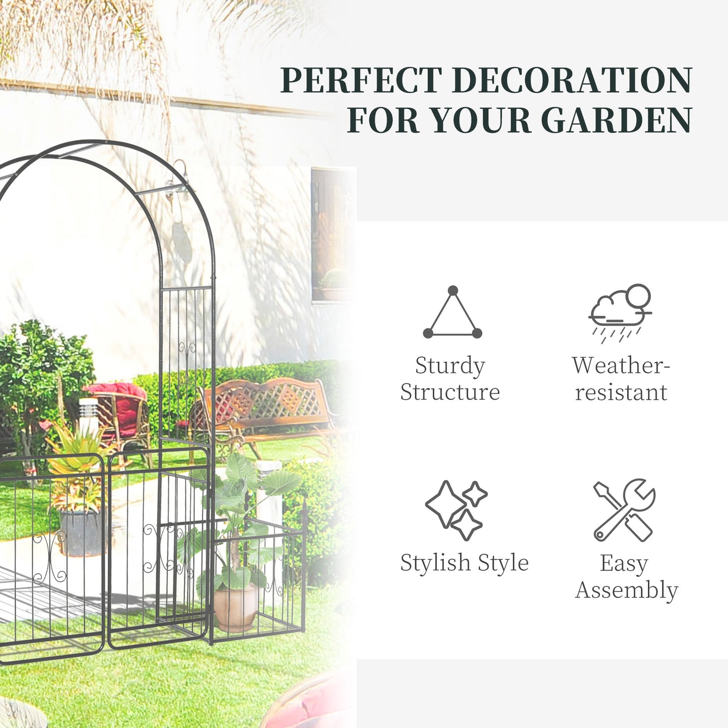 '-Outsunny 86ft Metal Garden Arch, with 2 Sides Planter Boxes, Locking Double Doors, Water-Resistant, for Climbing Vines, Wedding, Black | Aosom.com - Outdoor Style Company