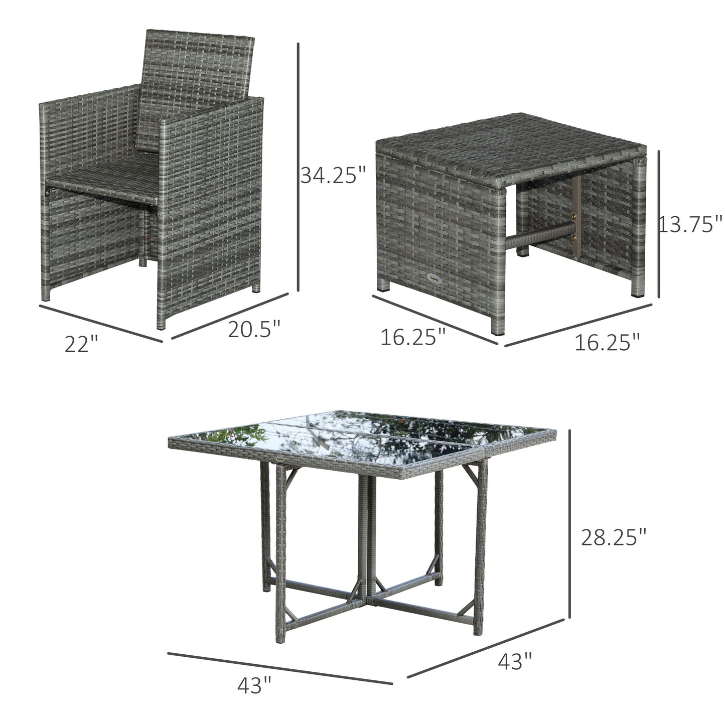 '-Outsunny 9 Piece Outdoor Rattan Wicker Dining Table and Chairs Furniture Set Space Saving Wicker Chairs w/ Cushions Grey - Outdoor Style Company