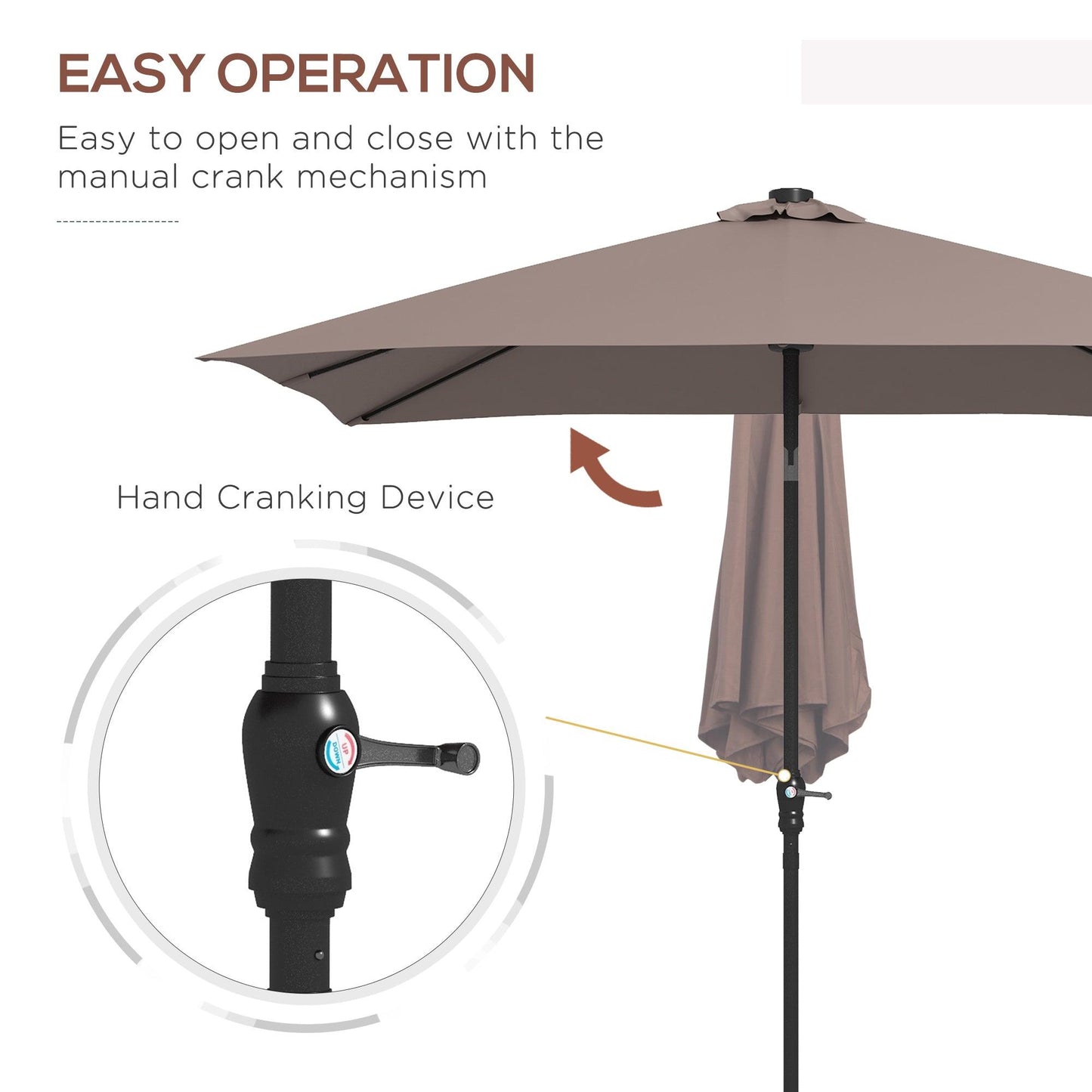 '-Outsunny 9' x 7' Outdoor Patio Solar Umbrella with Crank, Solar LED Lights, Tilting, Push-Button for Deck, Pool and Lawn, Tan - Outdoor Style Company