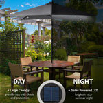 '-Outsunny 9' x 7' Patio Umbrella Outdoor Table Market Umbrella with Crank, Solar LED Lights, 45Â° Tilt, Push-Button Operation, for Deck, Dark Gray - Outdoor Style Company