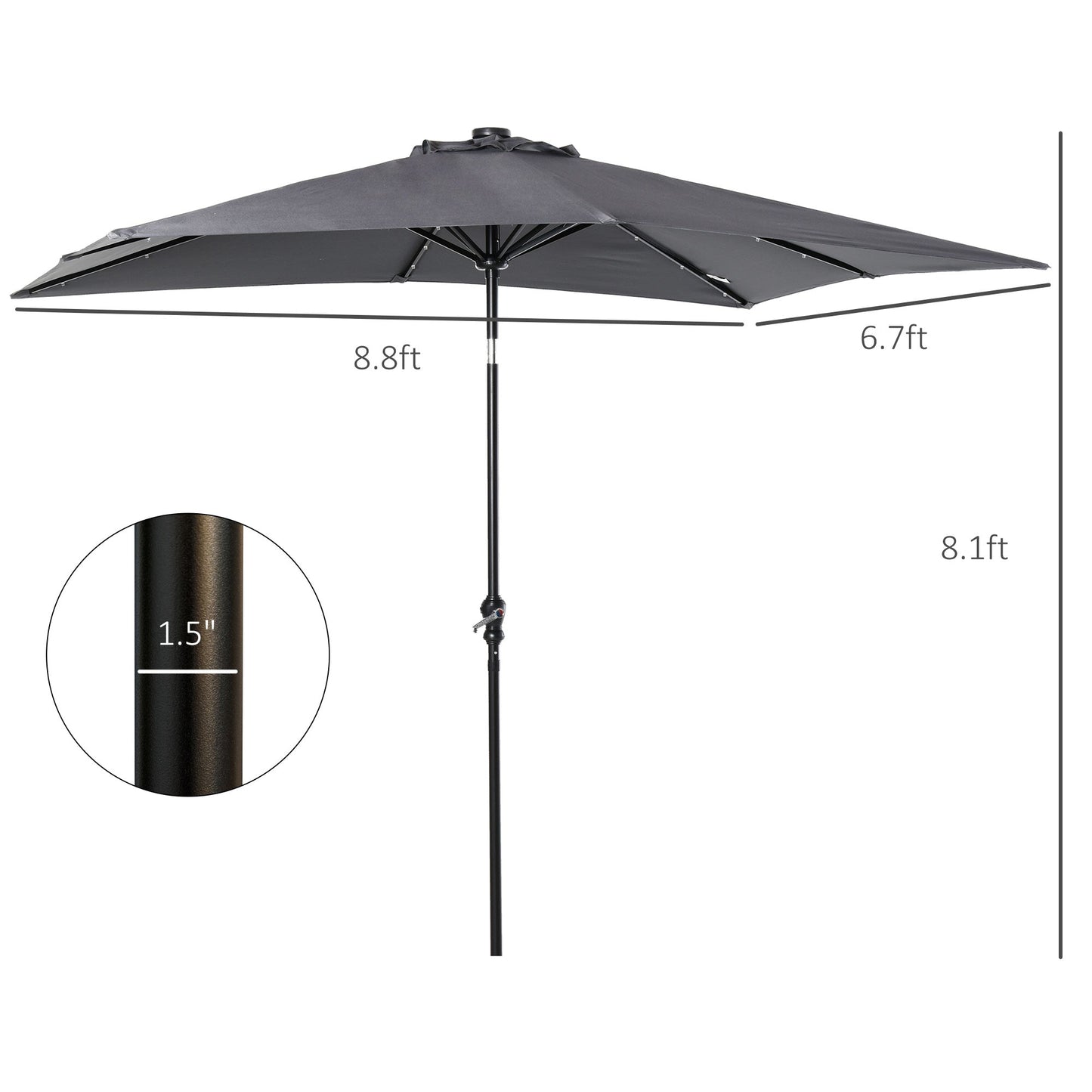 '-Outsunny 9' x 7' Patio Umbrella Outdoor Table Market Umbrella with Crank, Solar LED Lights, 45Â° Tilt, Push-Button Operation, for Deck, Dark Gray - Outdoor Style Company