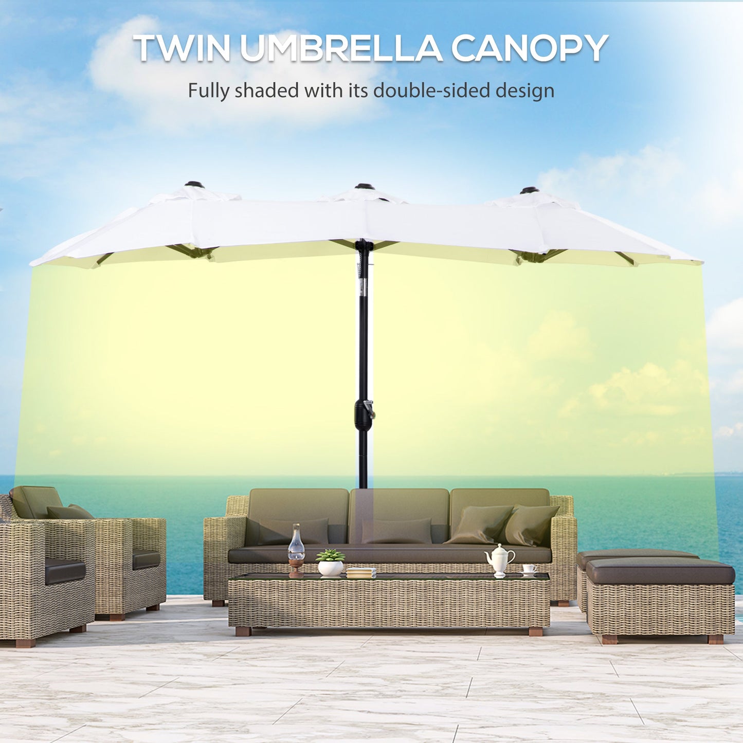 '-Outsunny 9.5' Double-sided Patio Umbrella, Outdoor Market Umbrella with Push Button Tilt and Crank, 3 Air Vents and 12 Ribs, White - Outdoor Style Company