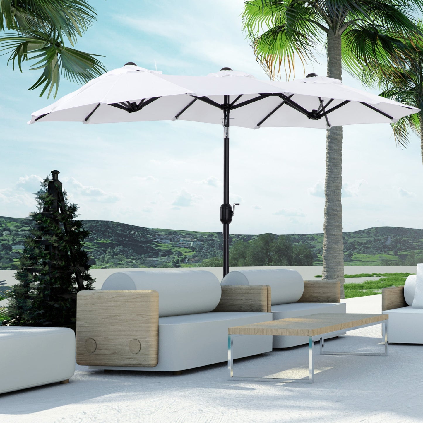 '-Outsunny 9.5' Double-sided Patio Umbrella, Outdoor Market Umbrella with Push Button Tilt and Crank, 3 Air Vents and 12 Ribs, White - Outdoor Style Company