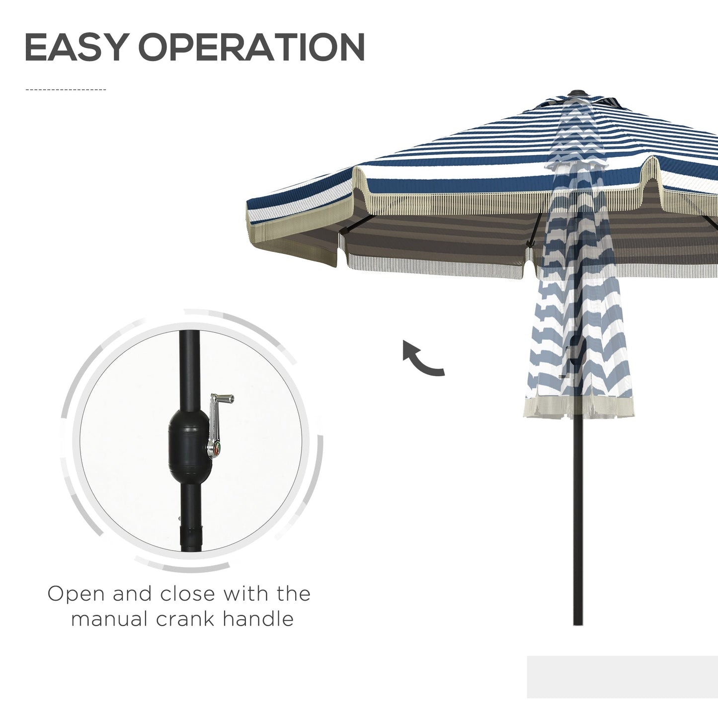 '-Outsunny 9ft Patio Umbrella Outdoor Table Umbrella w/ Tilt, Crank, Ruffled, 8 Ribs for Garden, Deck, Pool, Blue Stripe - Outdoor Style Company