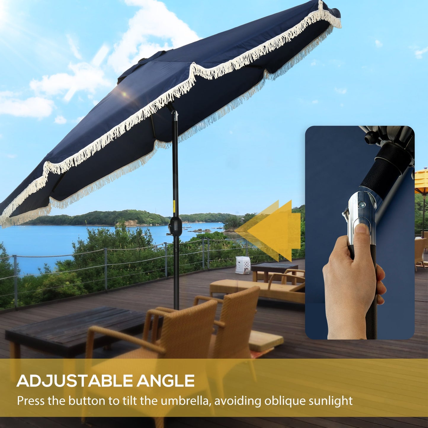 '-Outsunny 9ft Patio Umbrella Outdoor Table Umbrella w/ Tilt, Crank, Ruffled, 8 Ribs for Garden, Deck, Pool, Dark Blue - Outdoor Style Company