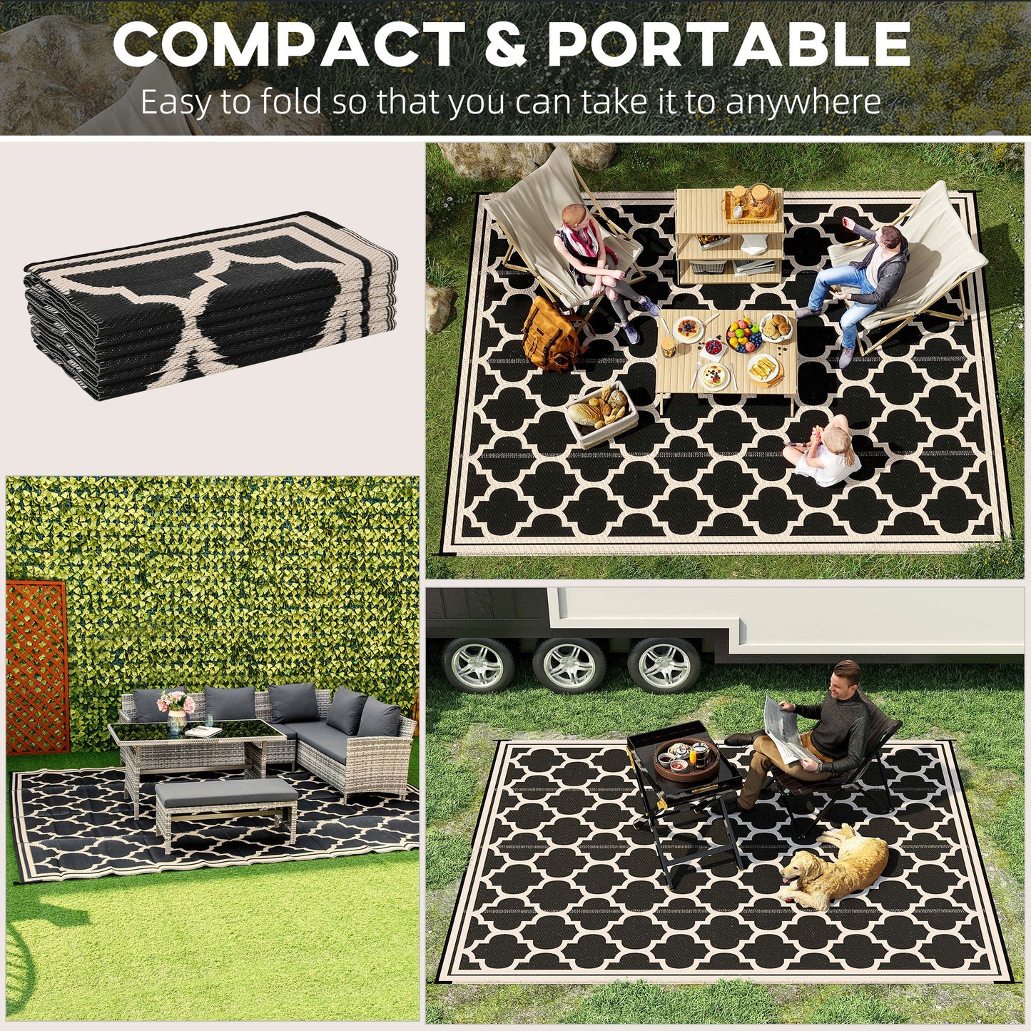 '-Outsunny 9x12 Modern Outdoor Rug, Reversible and Folding Plastic Rug, Four Straps for Backyard, Deck, Picnic, Camping, Black & Beige | Aosom - Outdoor Style Company